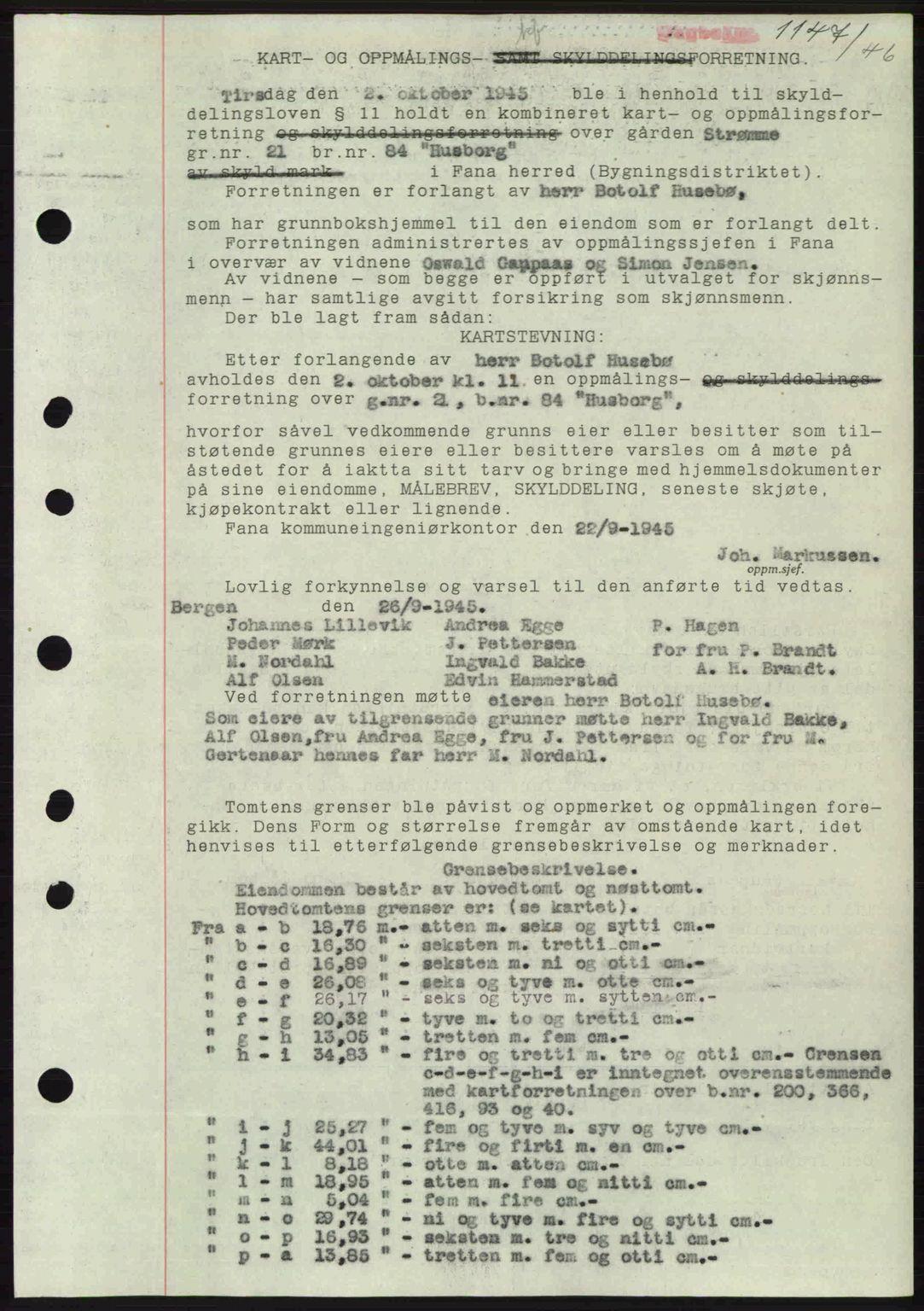 Midhordland sorenskriveri, SAB/A-3001/1/G/Gb/Gbj/L0022: Mortgage book no. A41-43, 1946-1946, Diary no: : 1147/1946