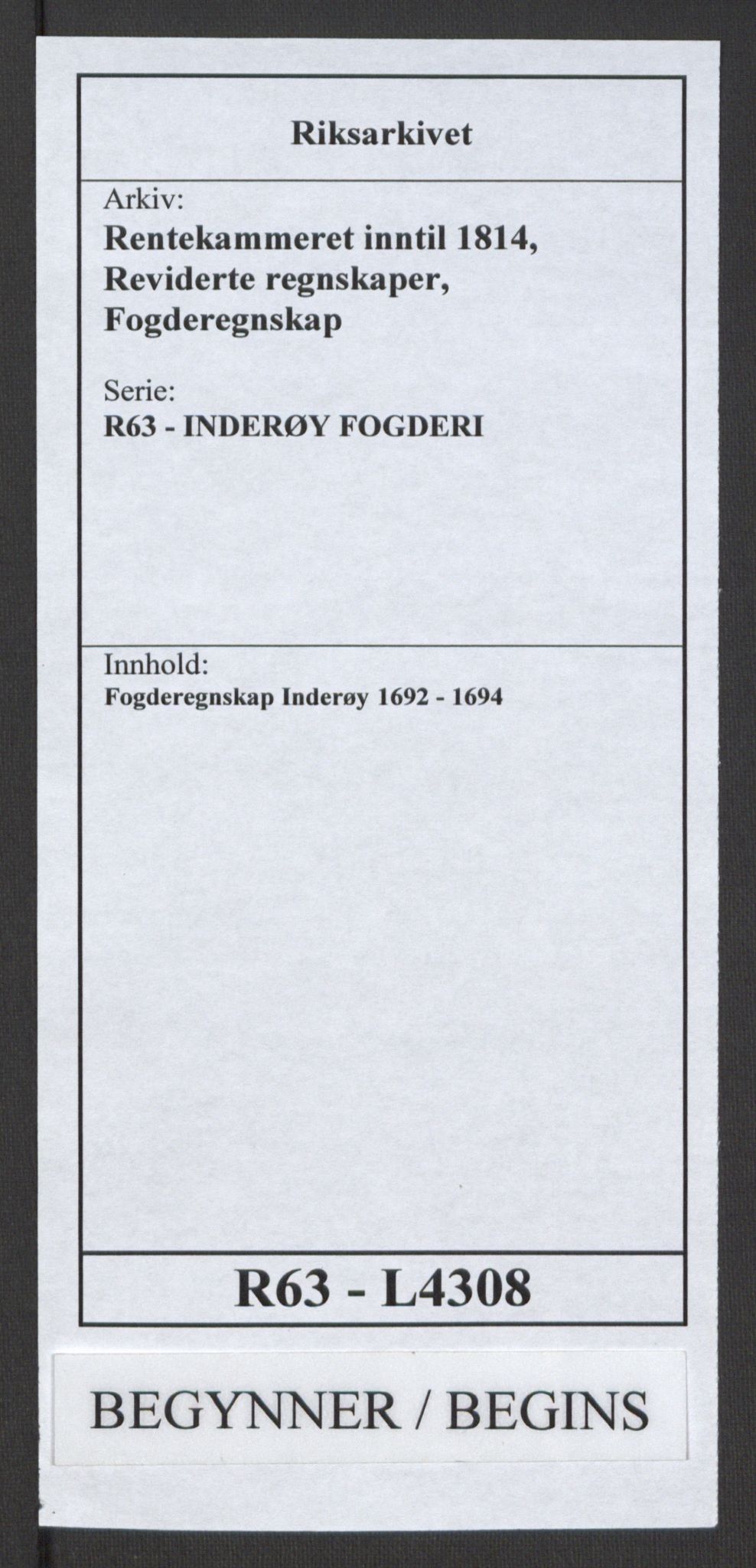 Rentekammeret inntil 1814, Reviderte regnskaper, Fogderegnskap, RA/EA-4092/R63/L4308: Fogderegnskap Inderøy, 1692-1694, p. 1