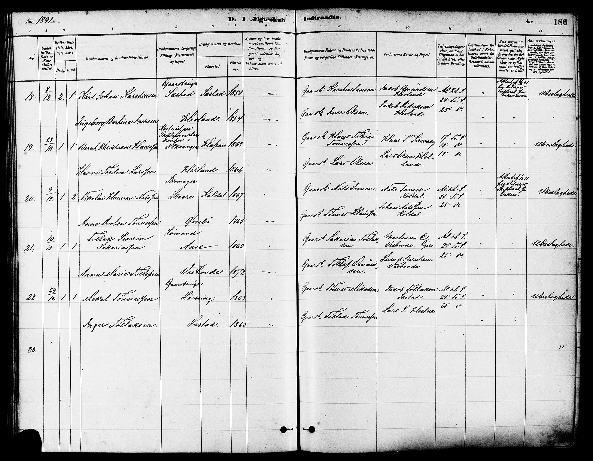 Eigersund sokneprestkontor, AV/SAST-A-101807/S08/L0017: Parish register (official) no. A 14, 1879-1892, p. 186