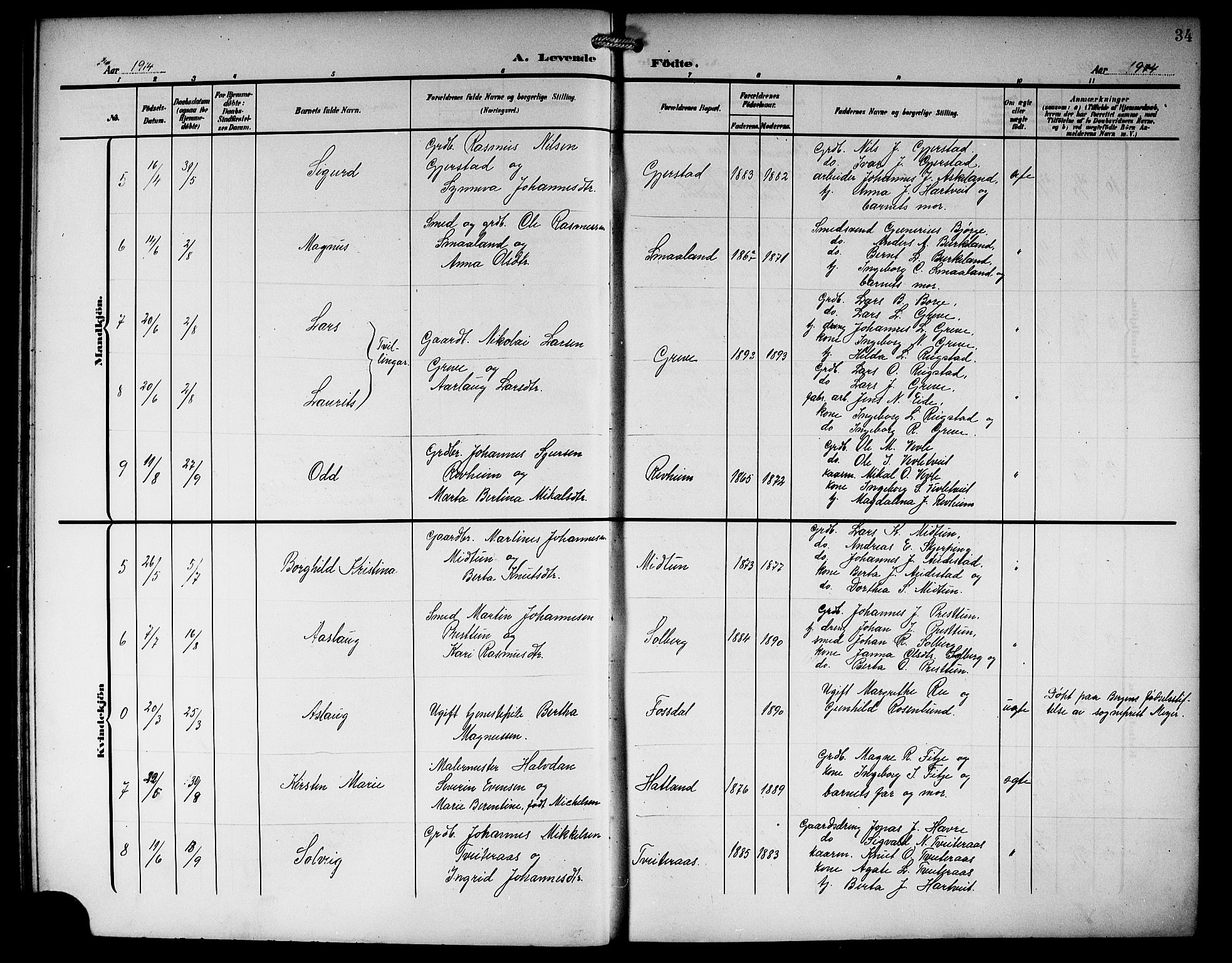 Haus sokneprestembete, AV/SAB-A-75601/H/Hab: Parish register (copy) no. C 4, 1907-1922, p. 34