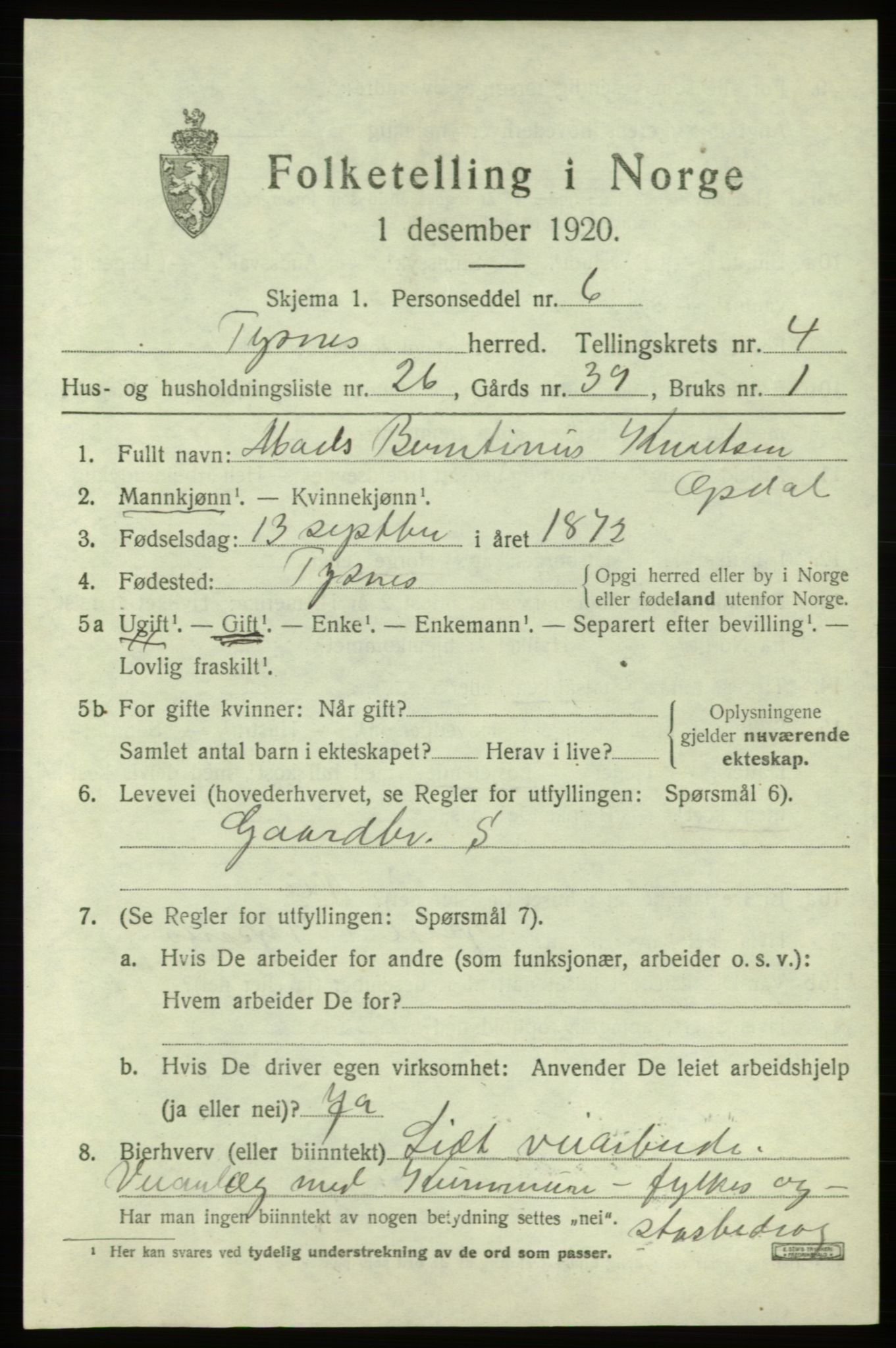 SAB, 1920 census for Tysnes, 1920, p. 3494