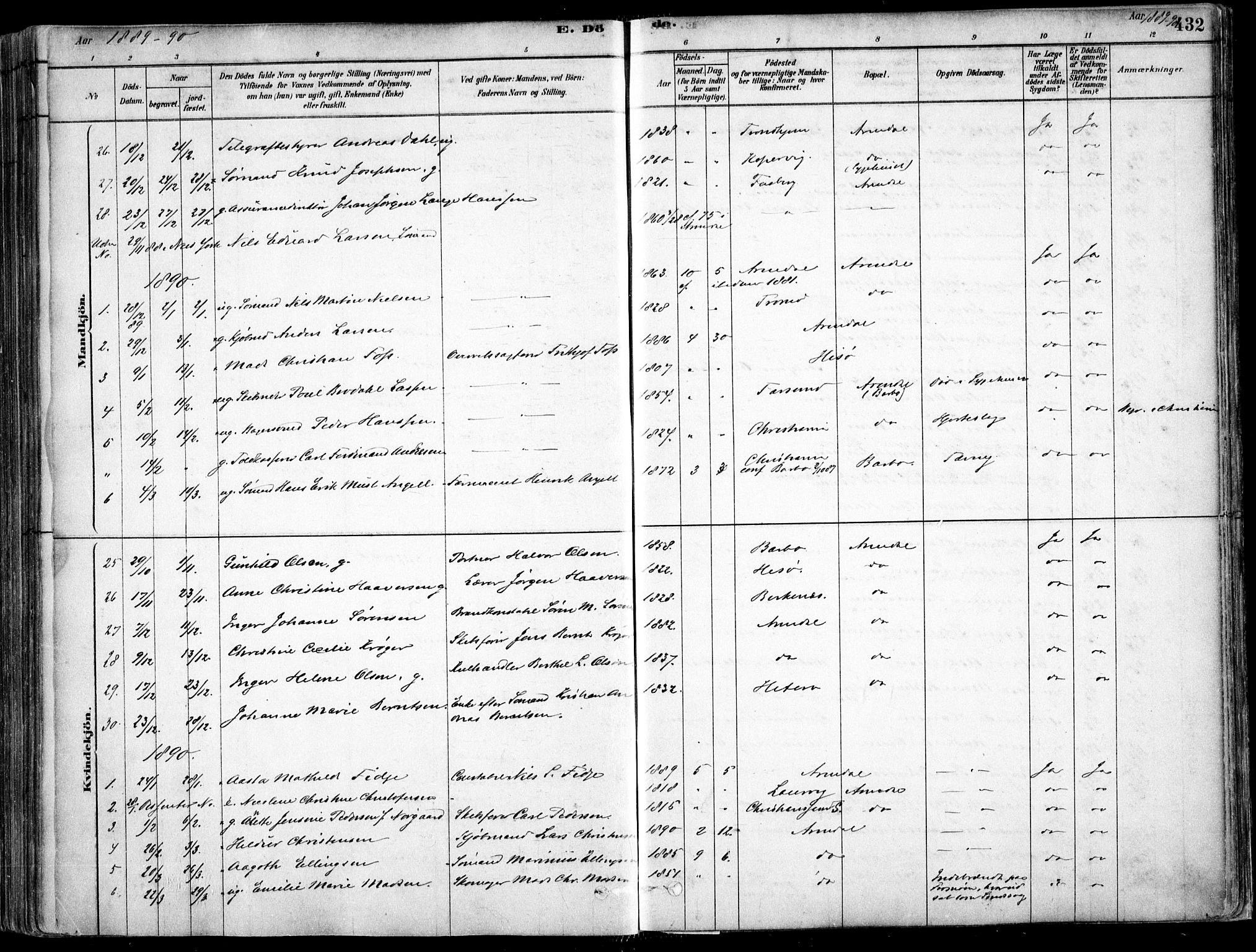 Arendal sokneprestkontor, Trefoldighet, SAK/1111-0040/F/Fa/L0008: Parish register (official) no. A 8, 1878-1899, p. 432