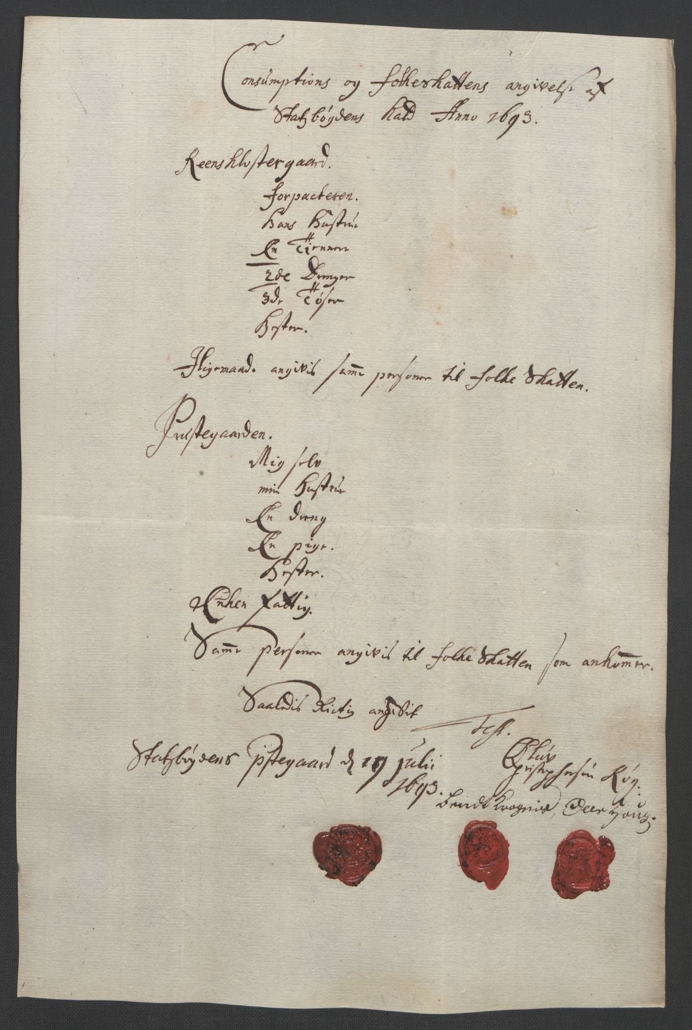 Rentekammeret inntil 1814, Reviderte regnskaper, Fogderegnskap, AV/RA-EA-4092/R57/L3849: Fogderegnskap Fosen, 1692-1693, p. 496