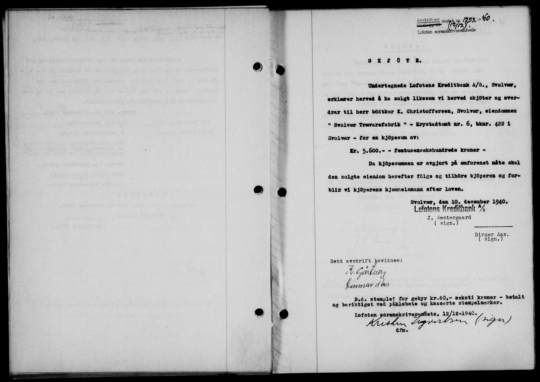 Lofoten sorenskriveri, SAT/A-0017/1/2/2C/L0008a: Mortgage book no. 8a, 1940-1941, Diary no: : 1252/1940