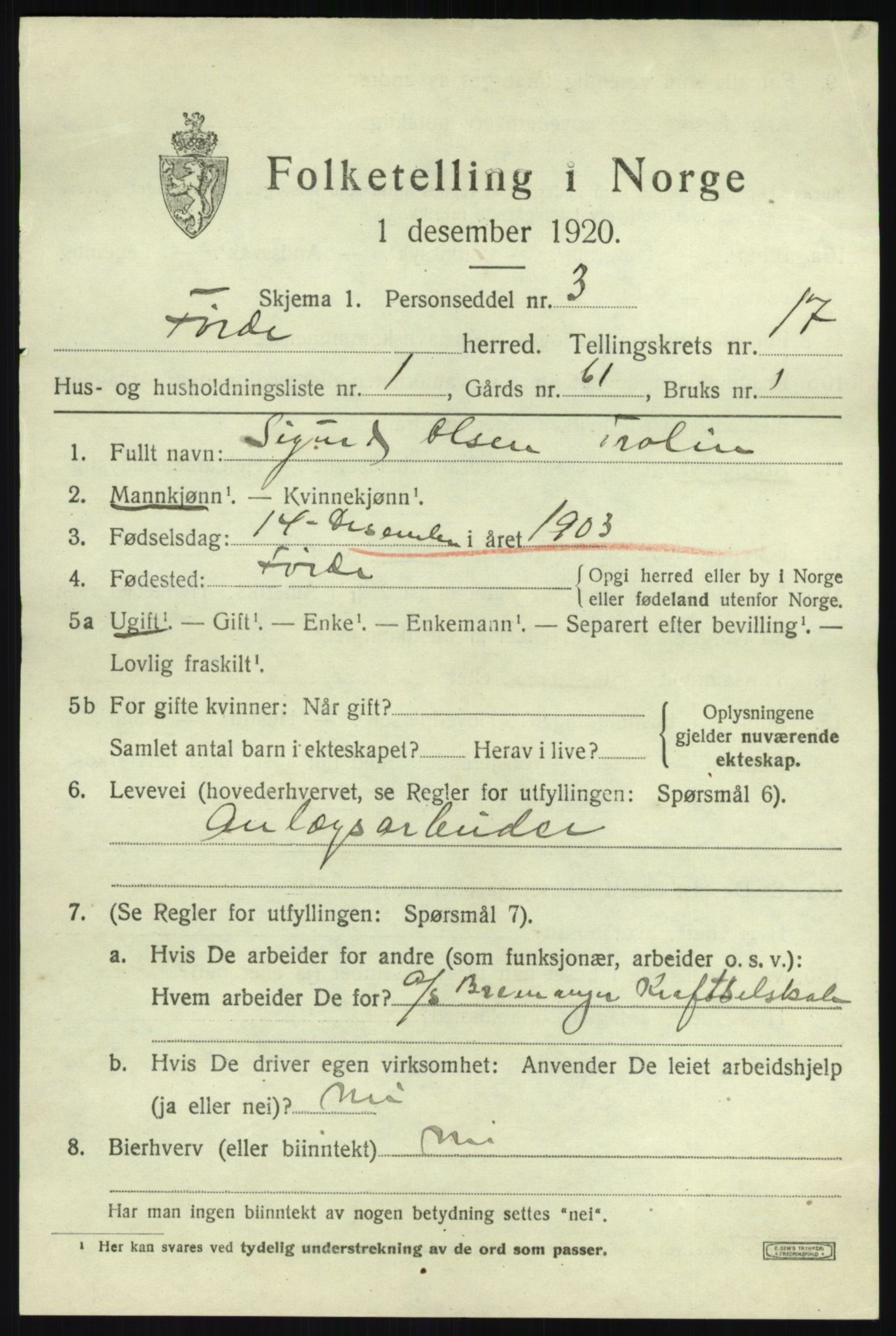 SAB, 1920 census for Førde, 1920, p. 5750