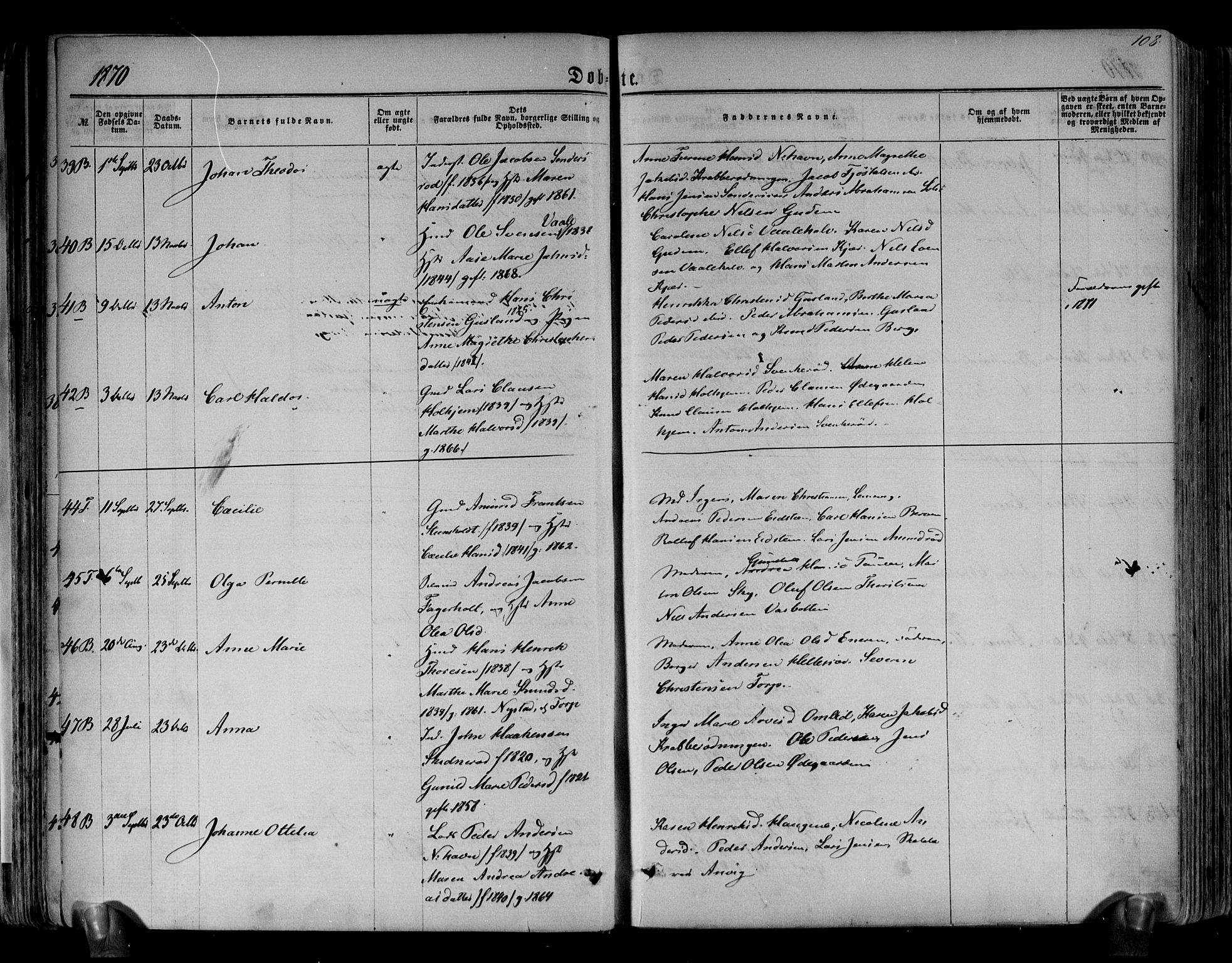 Brunlanes kirkebøker, AV/SAKO-A-342/F/Fa/L0005: Parish register (official) no. I 5, 1862-1877, p. 108