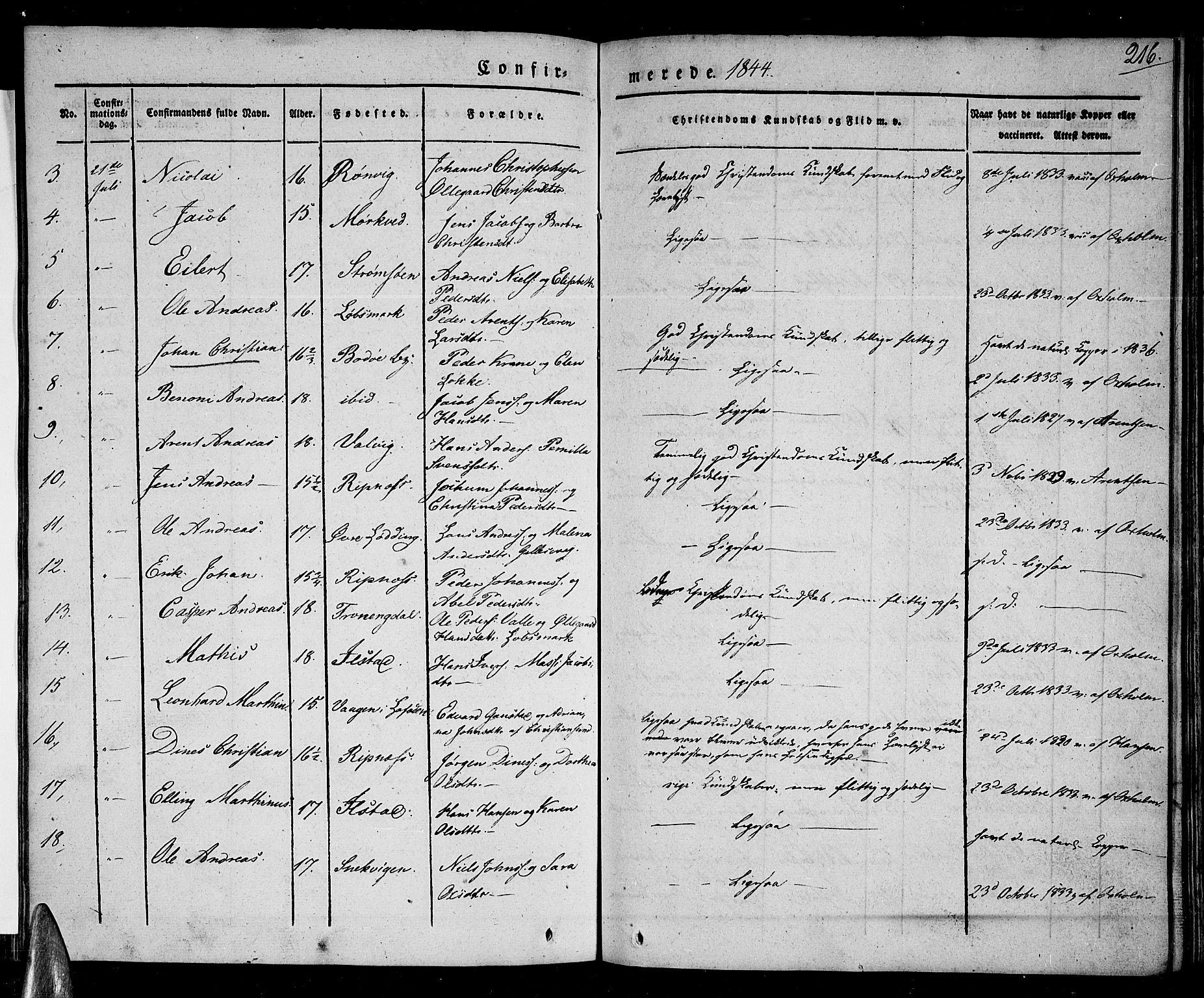 Ministerialprotokoller, klokkerbøker og fødselsregistre - Nordland, AV/SAT-A-1459/801/L0006: Parish register (official) no. 801A06, 1834-1845, p. 216