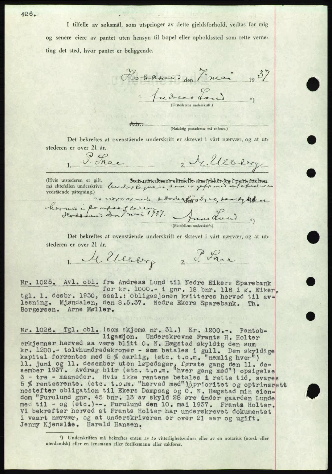 Eiker, Modum og Sigdal sorenskriveri, SAKO/A-123/G/Ga/Gab/L0035: Mortgage book no. A5, 1937-1937, Diary no: : 1025/1937