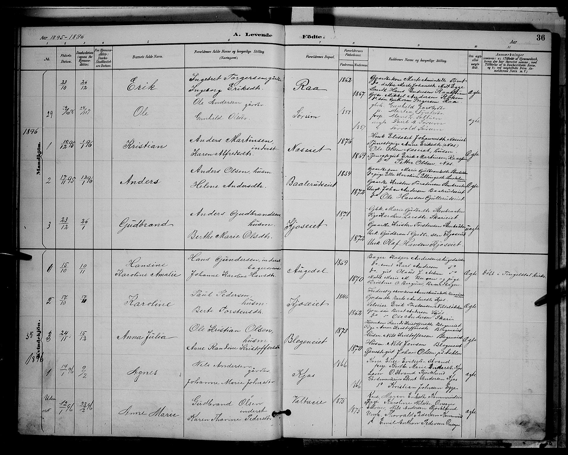 Gran prestekontor, SAH/PREST-112/H/Ha/Hab/L0004: Parish register (copy) no. 4, 1890-1899, p. 36