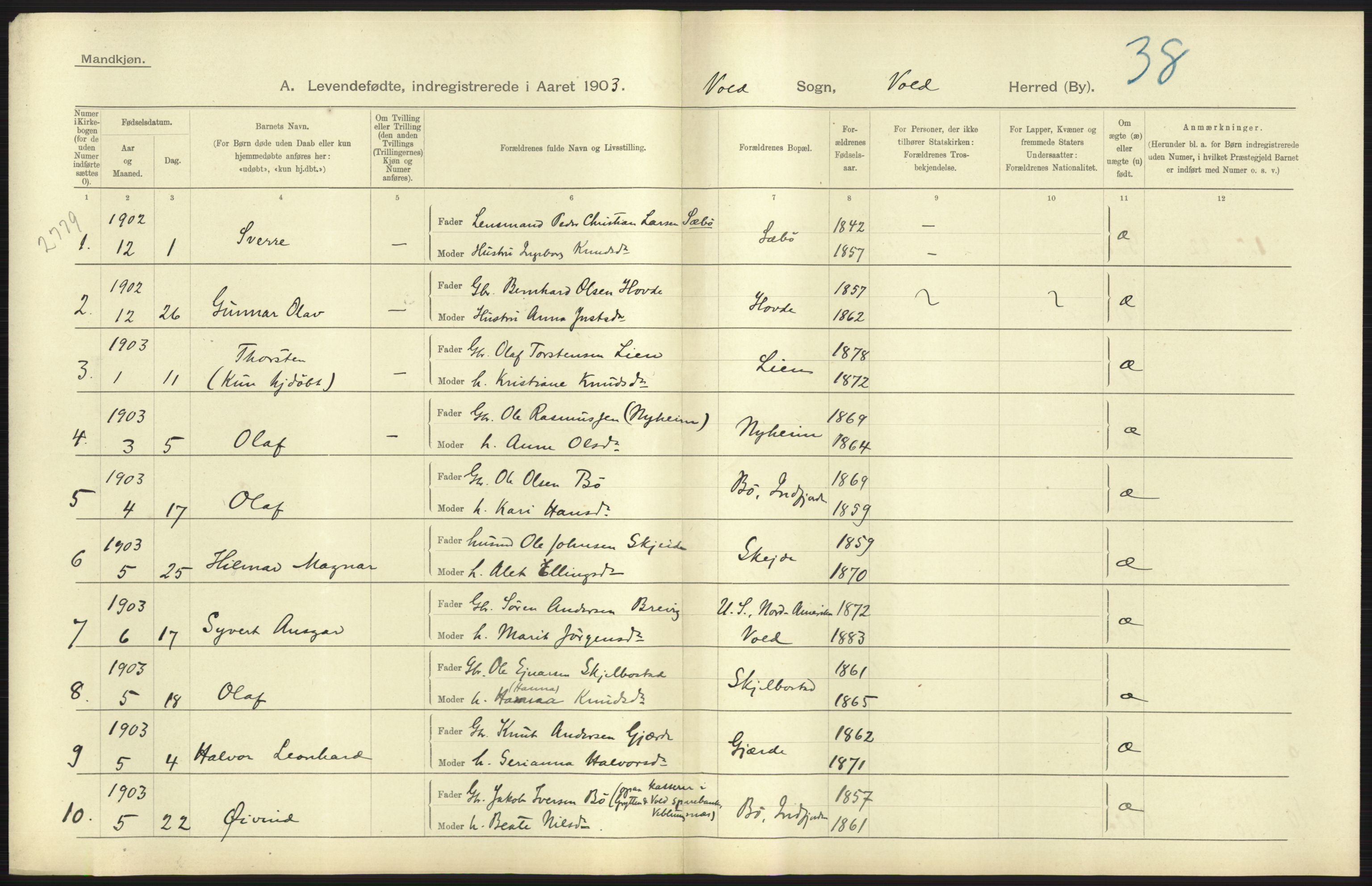 Statistisk sentralbyrå, Sosiodemografiske emner, Befolkning, AV/RA-S-2228/D/Df/Dfa/Dfaa/L0016: Romsdal amt: Fødte, gifte, døde., 1903, p. 41