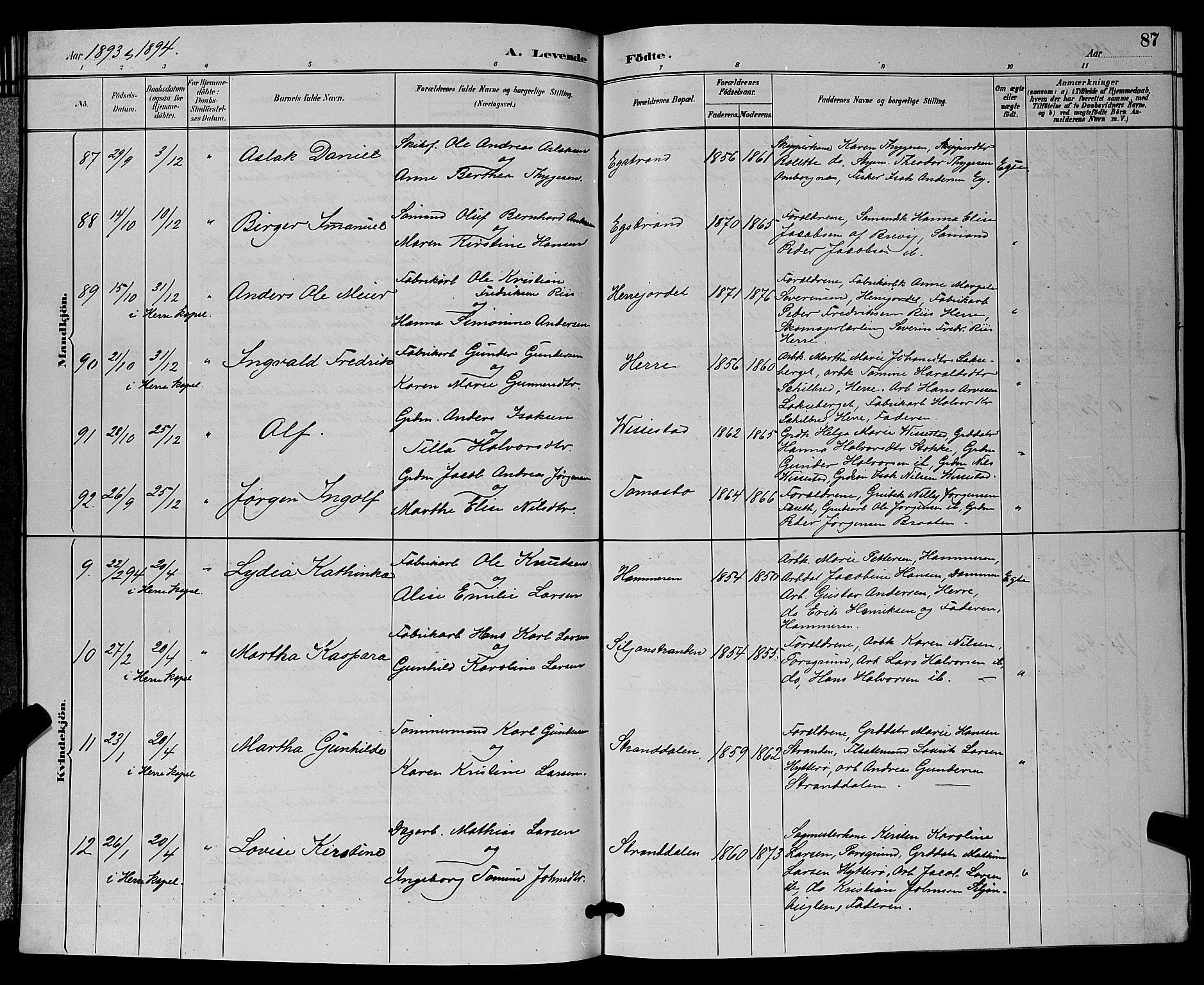 Bamble kirkebøker, SAKO/A-253/G/Ga/L0009: Parish register (copy) no. I 9, 1888-1900, p. 87