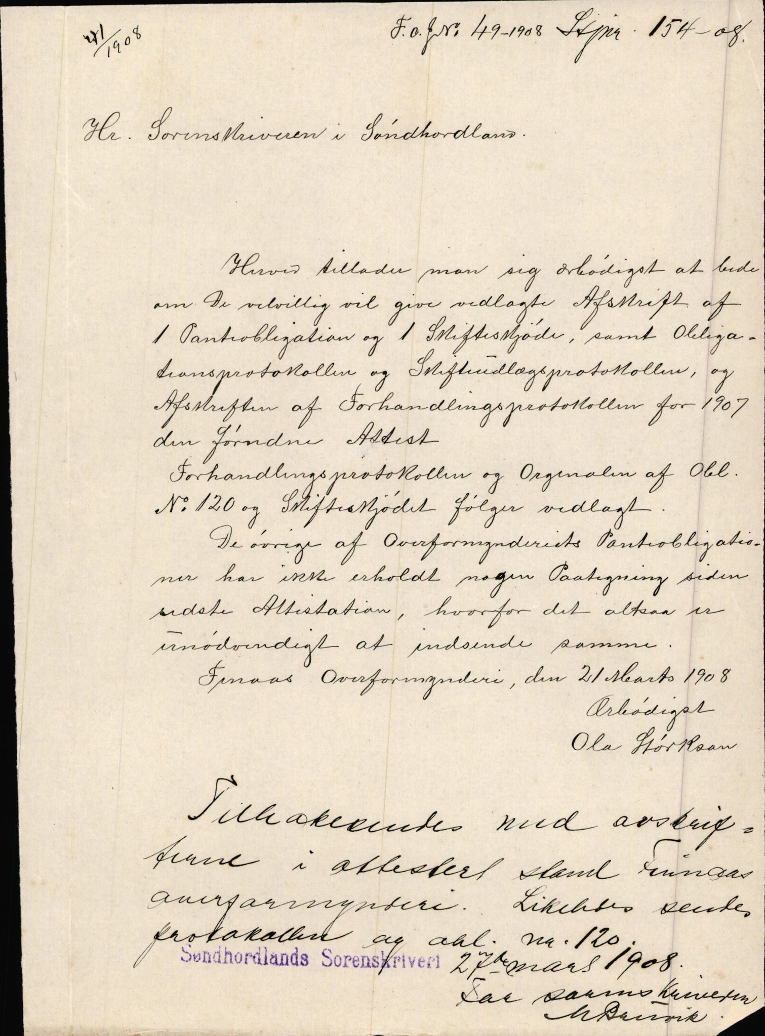 Finnaas kommune. Overformynderiet, IKAH/1218a-812/D/Da/Daa/L0002/0003: Kronologisk ordna korrespondanse / Kronologisk ordna korrespondanse, 1905-1909, p. 116