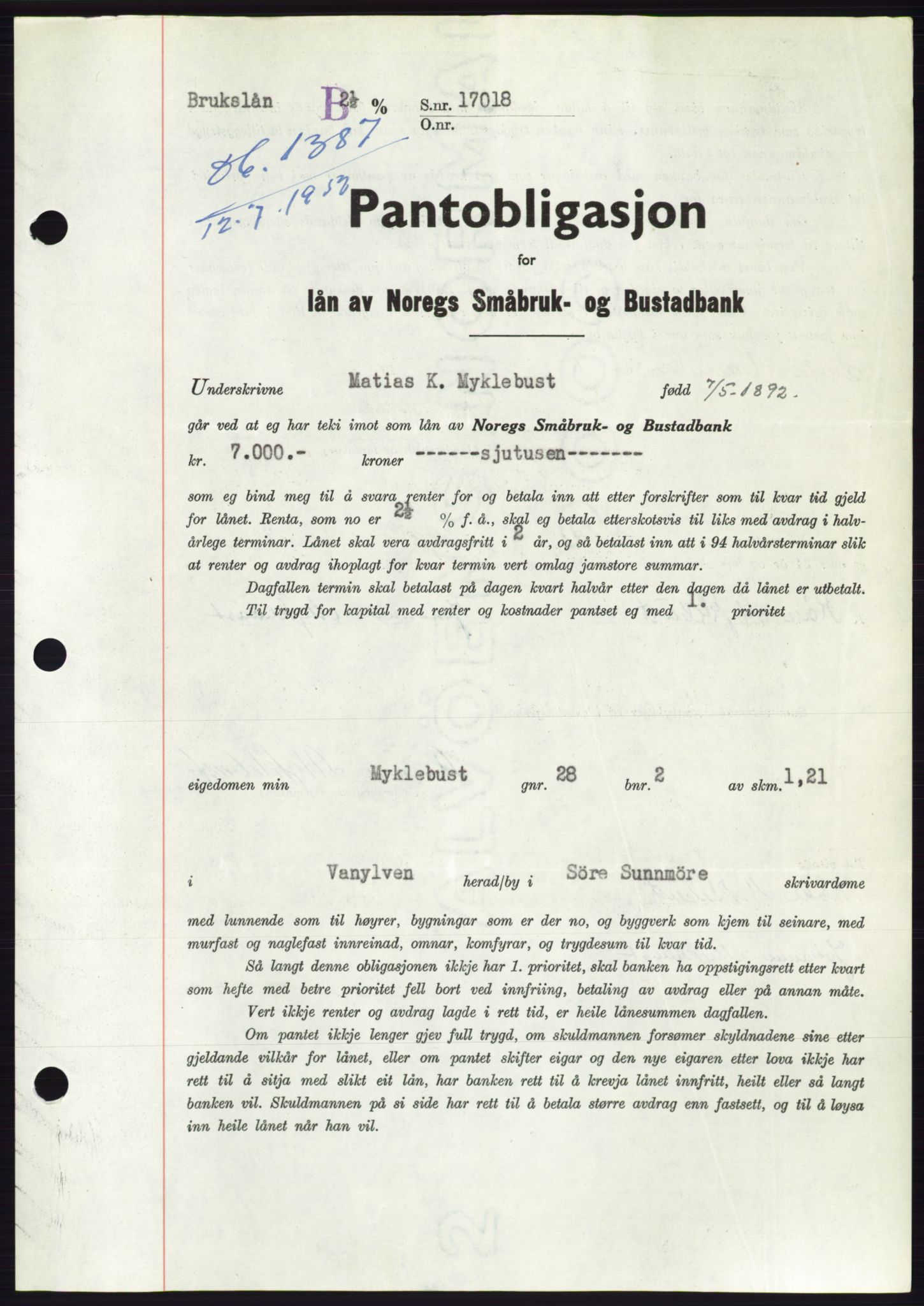 Søre Sunnmøre sorenskriveri, AV/SAT-A-4122/1/2/2C/L0121: Mortgage book no. 9B, 1951-1952, Diary no: : 1387/1952