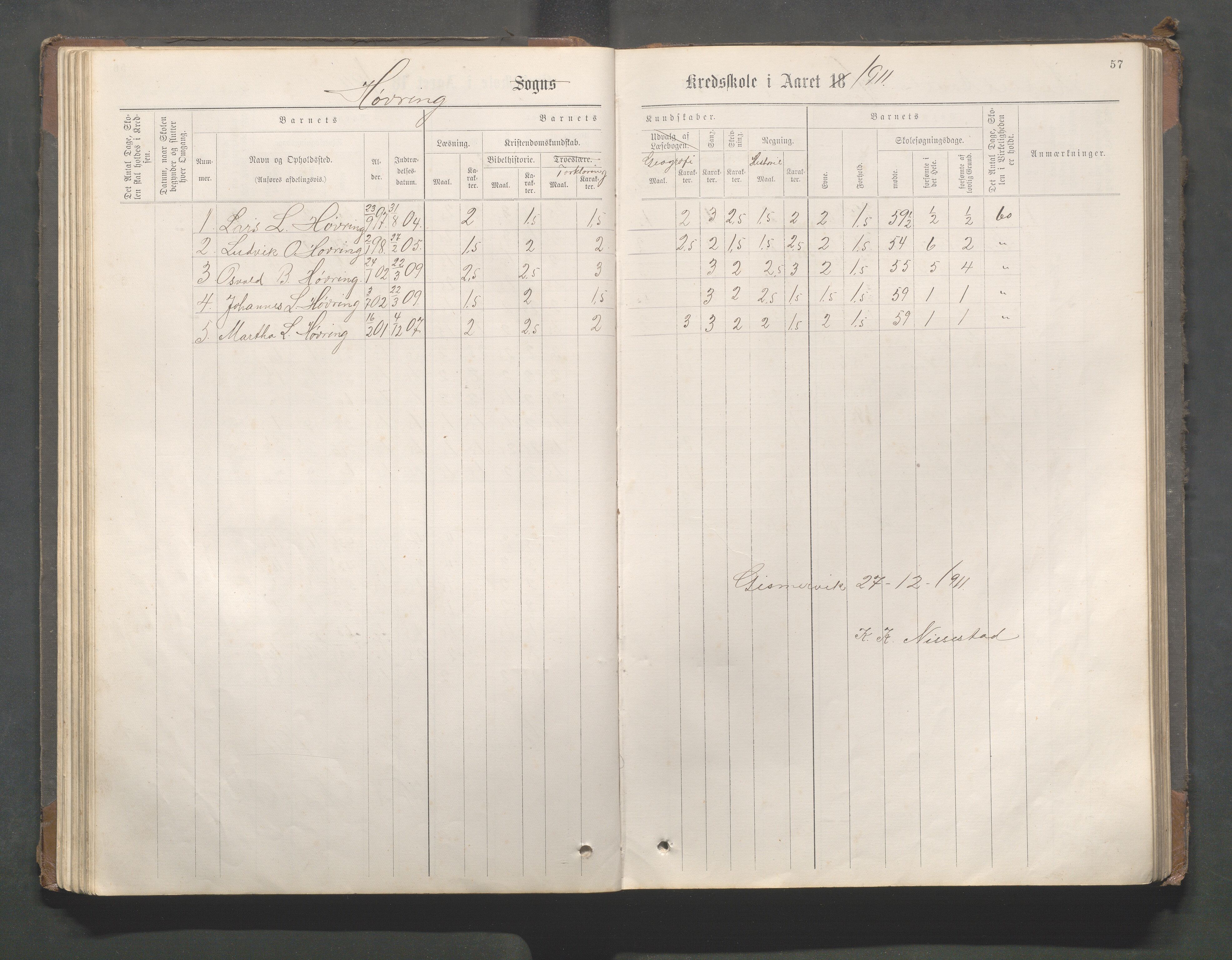 Avaldsnes kommune - Gismarvik, Høvring og Våga skole, IKAR/K-101712/H/L0001: Skoleprotokoll, 1883-1920, p. 57