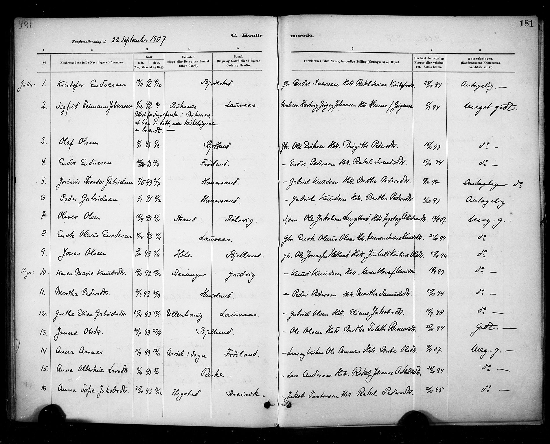 Hetland sokneprestkontor, SAST/A-101826/30/30BA/L0010: Parish register (official) no. A 10, 1882-1925, p. 181