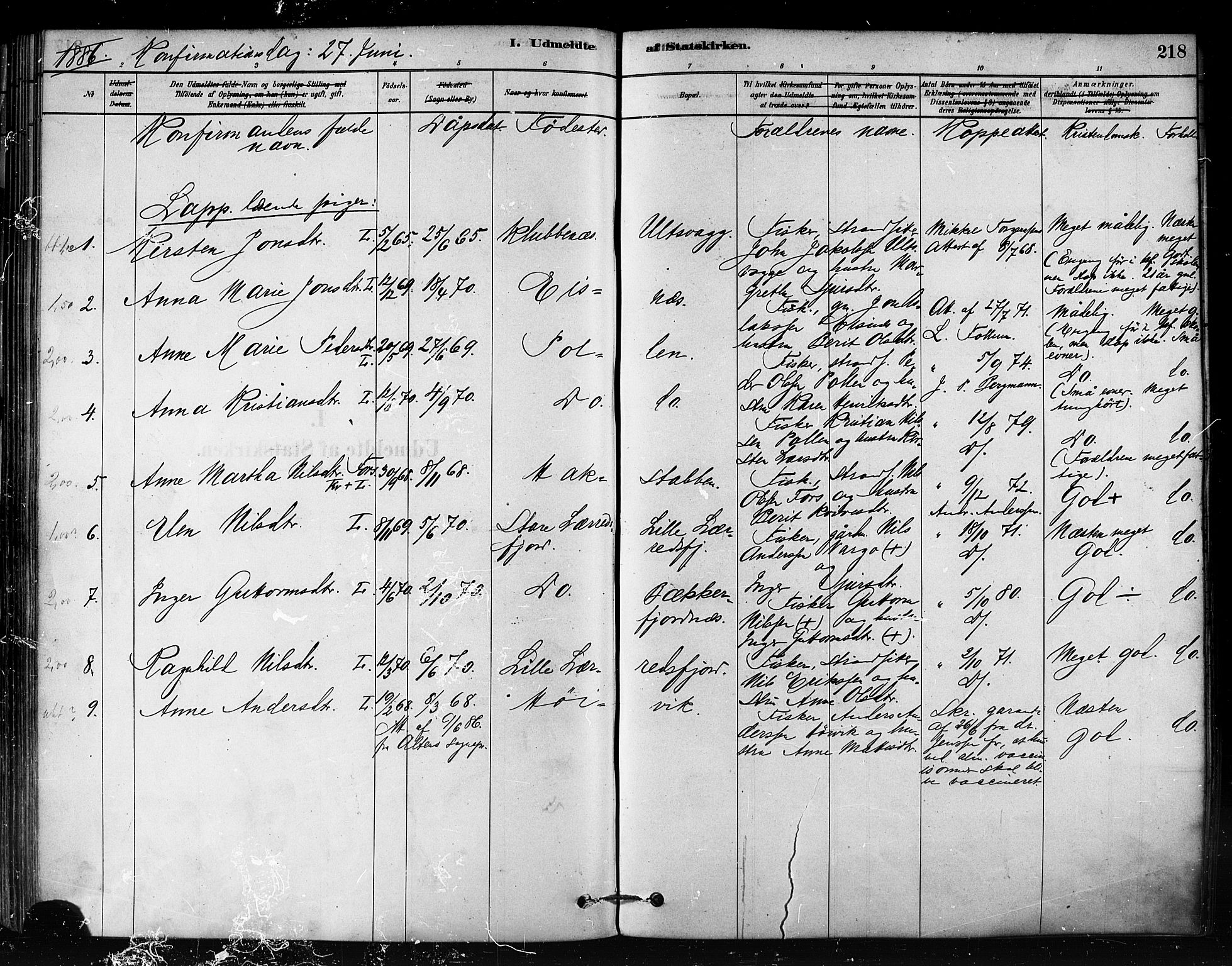Talvik sokneprestkontor, SATØ/S-1337/H/Ha/L0012kirke: Parish register (official) no. 12, 1878-1886, p. 218