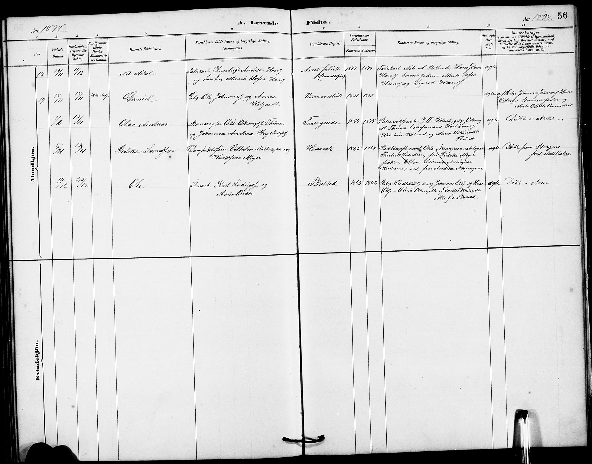 Haus sokneprestembete, AV/SAB-A-75601/H/Hab: Parish register (copy) no. B 3, 1885-1899, p. 56