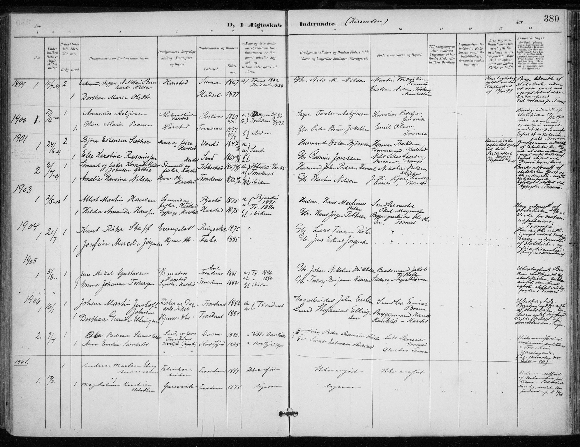 Trondenes sokneprestkontor, SATØ/S-1319/H/Ha/L0017kirke: Parish register (official) no. 17, 1899-1908, p. 380