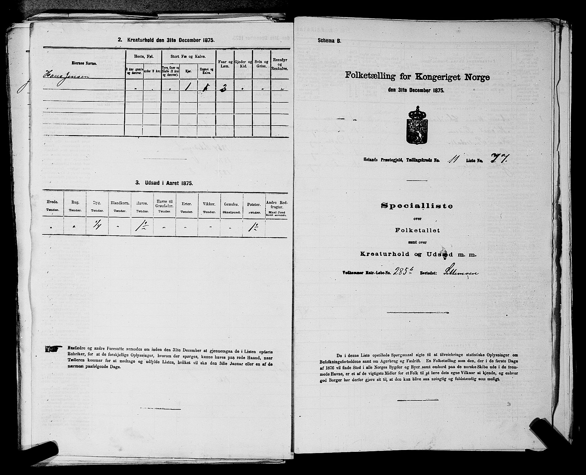 RA, 1875 census for 0221P Høland, 1875, p. 2129