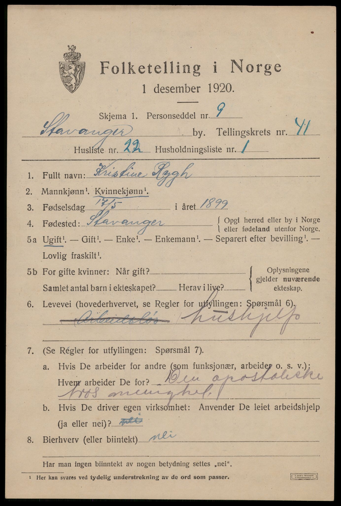 SAST, 1920 census for Stavanger, 1920, p. 103844