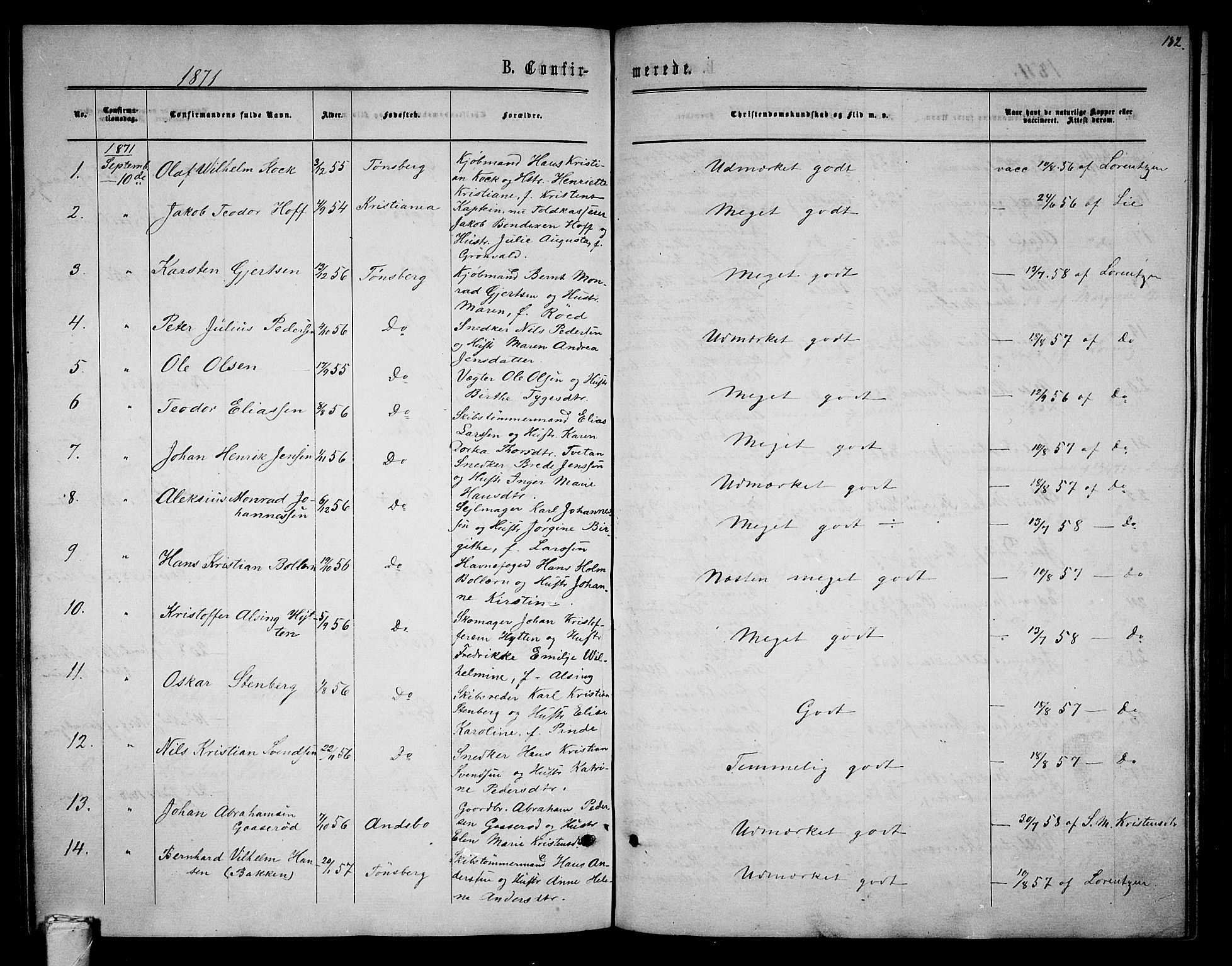 Tønsberg kirkebøker, AV/SAKO-A-330/G/Ga/L0004: Parish register (copy) no. 4, 1865-1874, p. 182