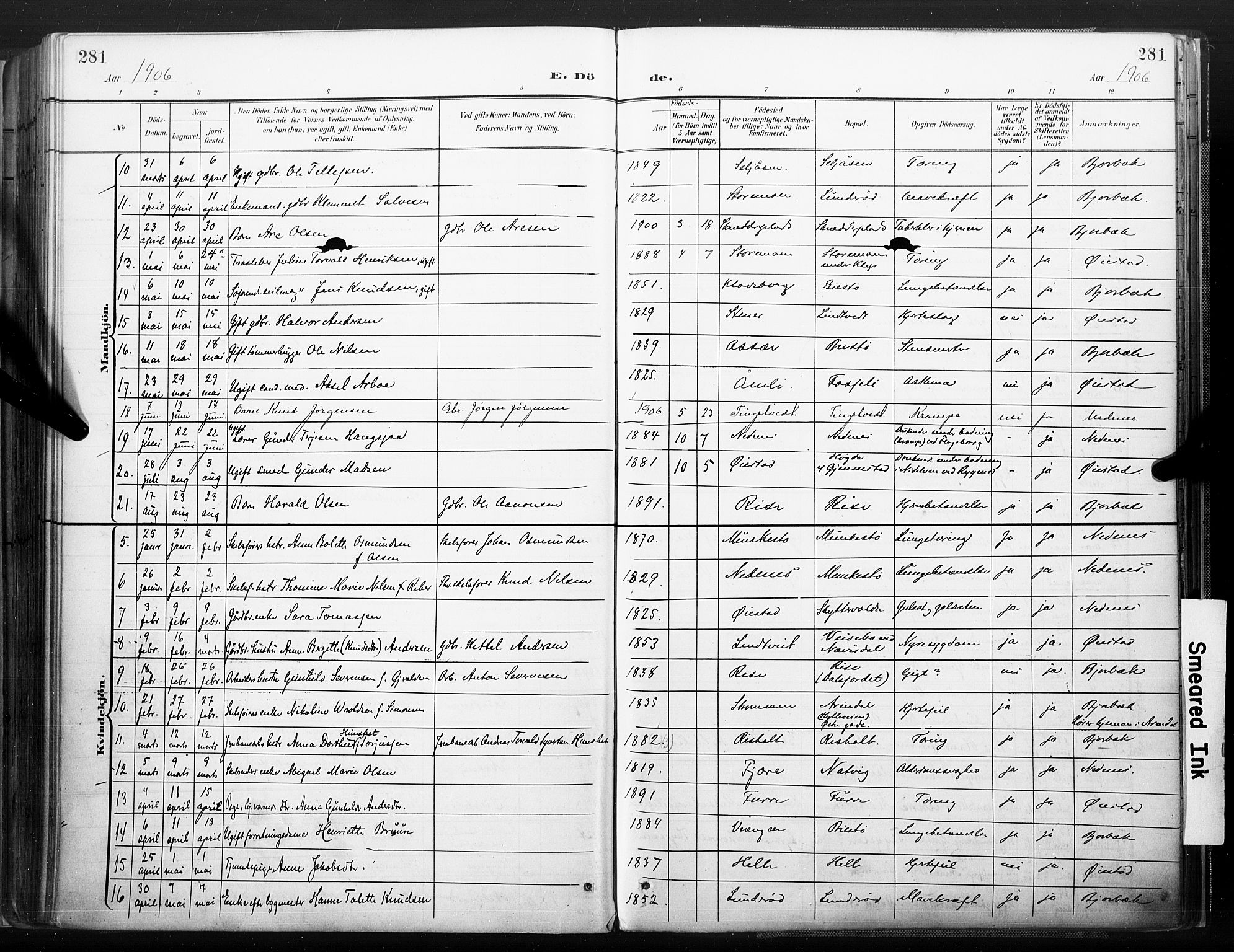 Øyestad sokneprestkontor, SAK/1111-0049/F/Fa/L0018: Parish register (official) no. A 18, 1897-1907, p. 281