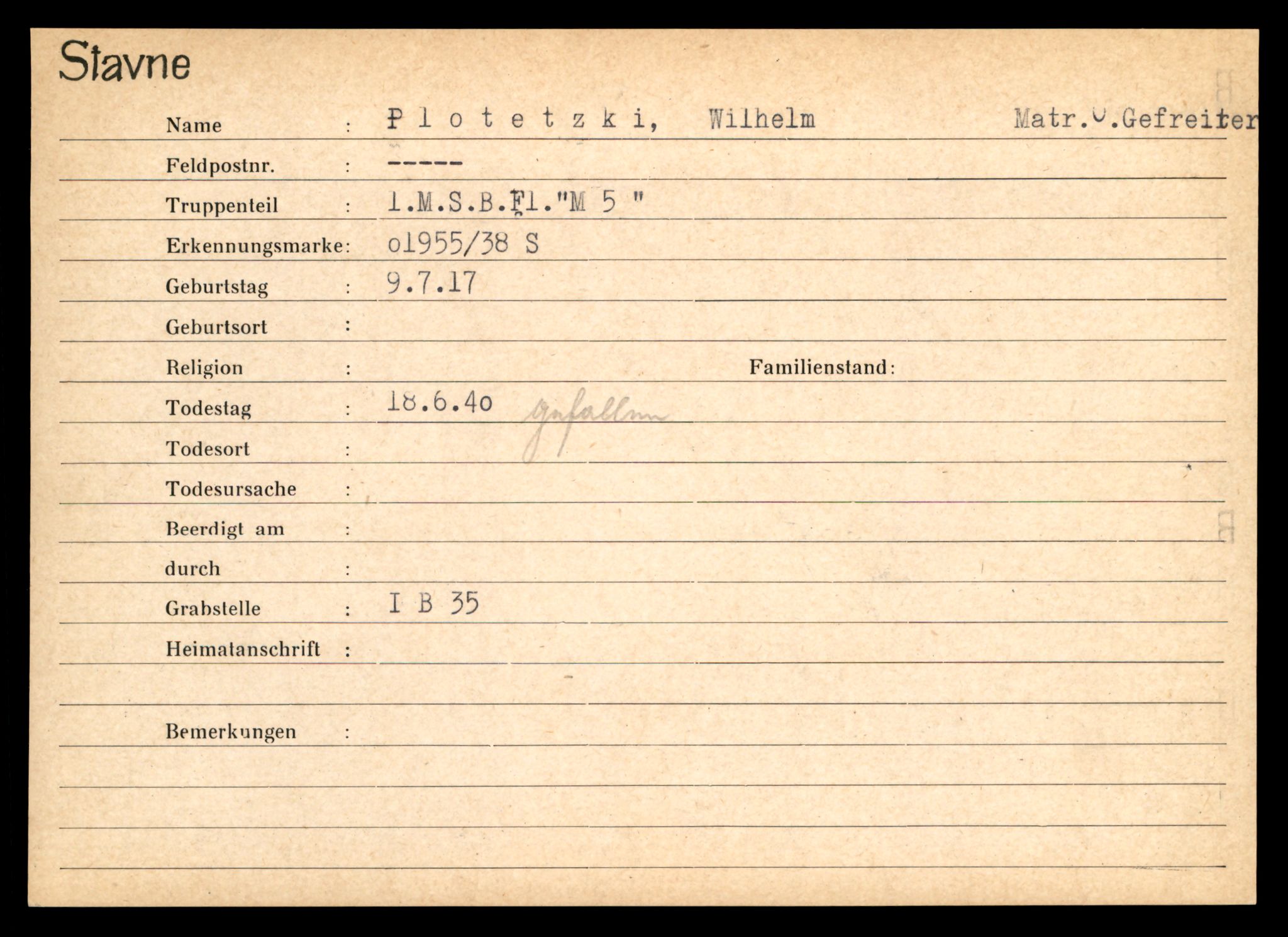 Distriktskontoret for krigsgraver, AV/SAT-A-5030/E/L0003: Kasett/kartotek over tysk Krigskirkegård Stavne, 1945, p. 1067