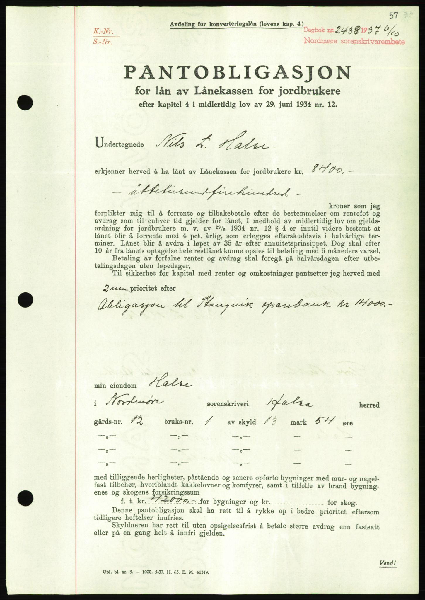 Nordmøre sorenskriveri, AV/SAT-A-4132/1/2/2Ca/L0092: Mortgage book no. B82, 1937-1938, Diary no: : 2438/1937