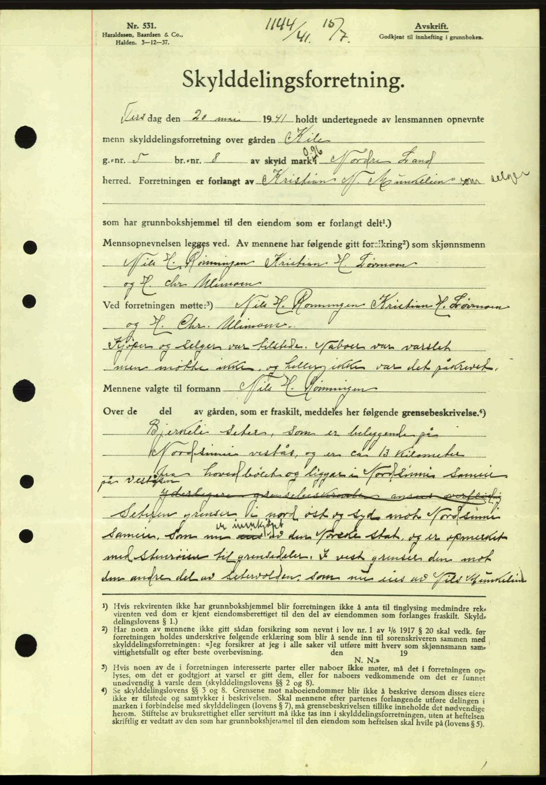 Hadeland og Land tingrett, SAH/TING-010/H/Hb/Hbb/L0081: Mortgage book no. A81, 1941-1941, Diary no: : 1144/1941