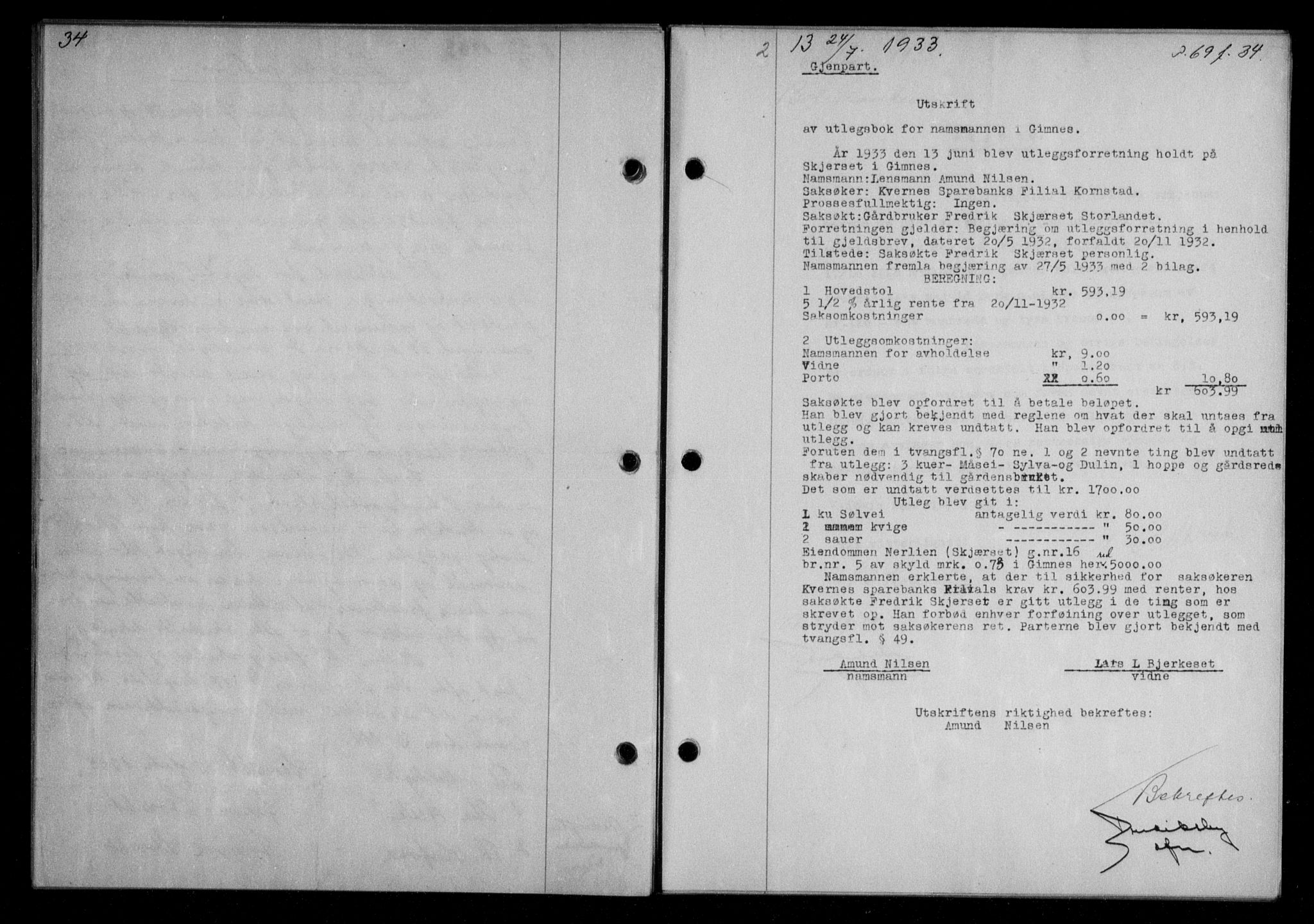 Nordmøre sorenskriveri, AV/SAT-A-4132/1/2/2Ca/L0079: Mortgage book no. 69, 1933-1933, Deed date: 24.07.1933