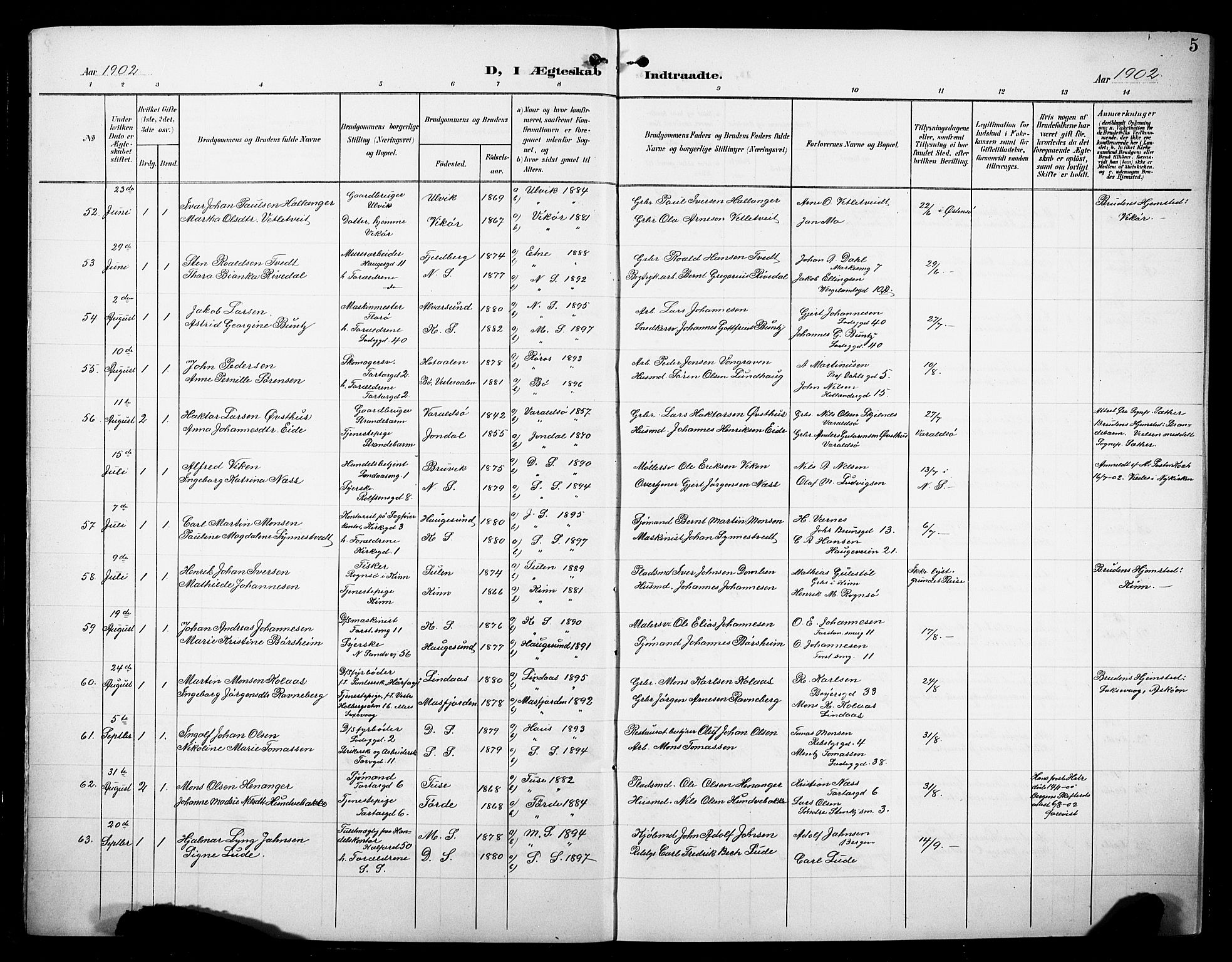 Sandviken Sokneprestembete, AV/SAB-A-77601/H/Hb/L0014: Parish register (copy) no. D 1, 1902-1929, p. 5