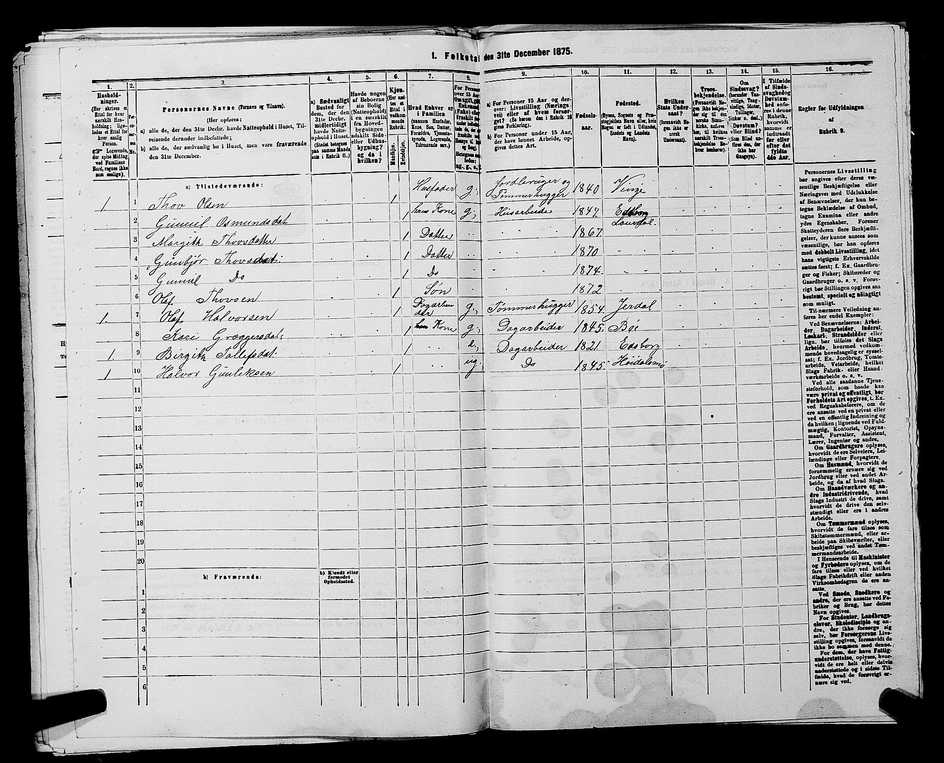 SAKO, 1875 census for 0833P Lårdal, 1875, p. 405