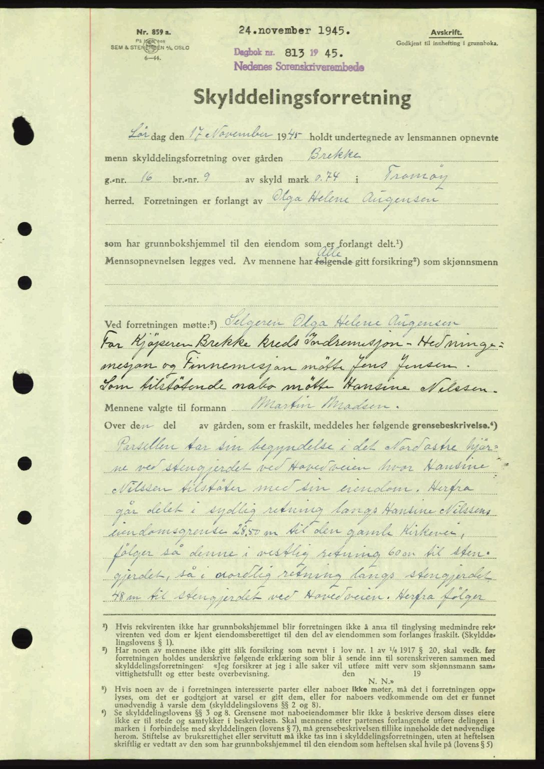 Nedenes sorenskriveri, SAK/1221-0006/G/Gb/Gba/L0053: Mortgage book no. A6b, 1945-1945, Diary no: : 813/1945