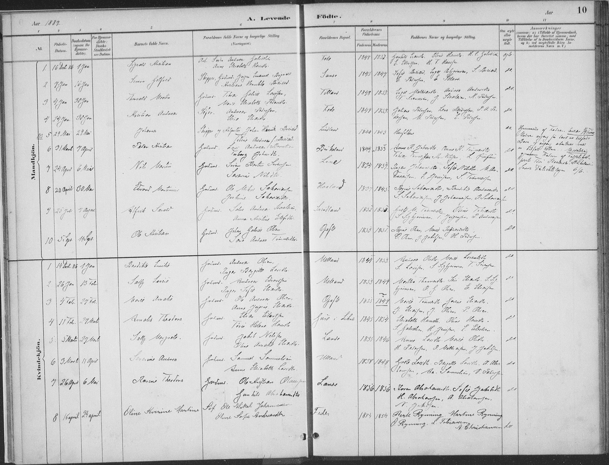 Kvinesdal sokneprestkontor, SAK/1111-0026/F/Fa/Faa/L0004: Parish register (official) no. A 4, 1882-1897, p. 10