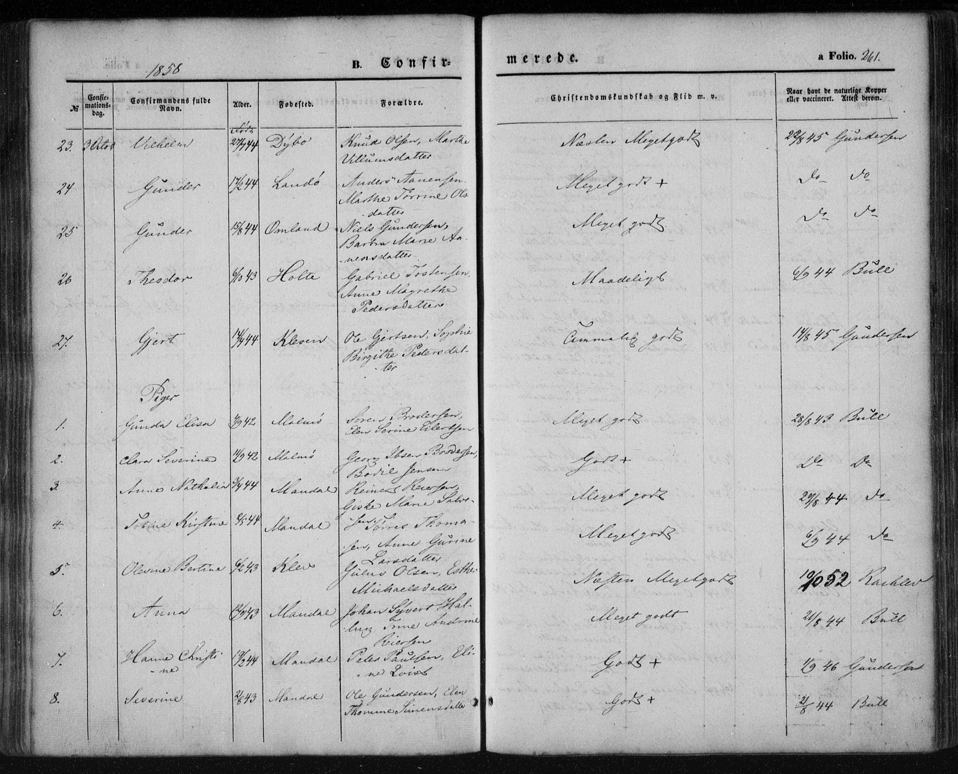 Mandal sokneprestkontor, AV/SAK-1111-0030/F/Fa/Faa/L0013: Parish register (official) no. A 13, 1847-1859, p. 261