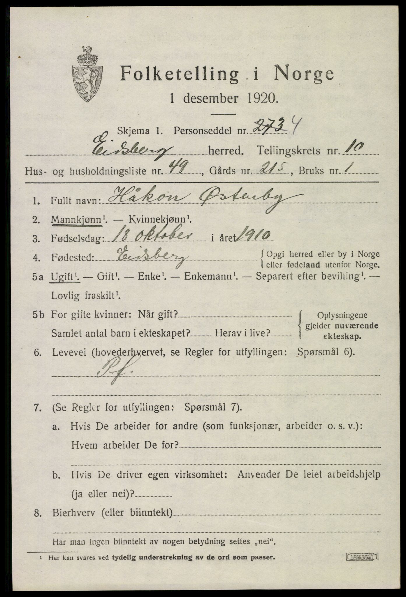 SAO, 1920 census for Eidsberg, 1920, p. 12499