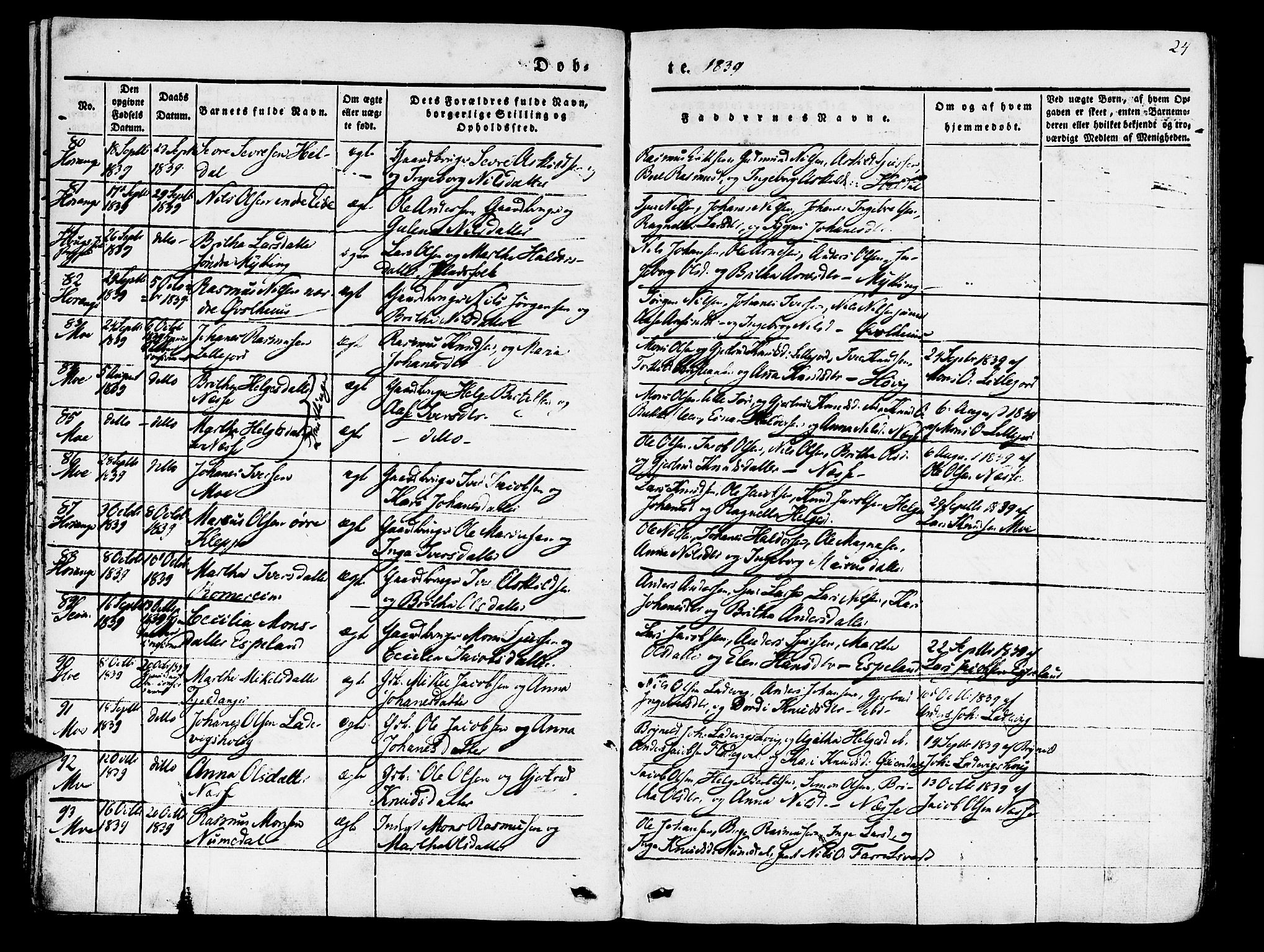 Hosanger sokneprestembete, AV/SAB-A-75801/H/Haa: Parish register (official) no. A 7, 1835-1848, p. 24