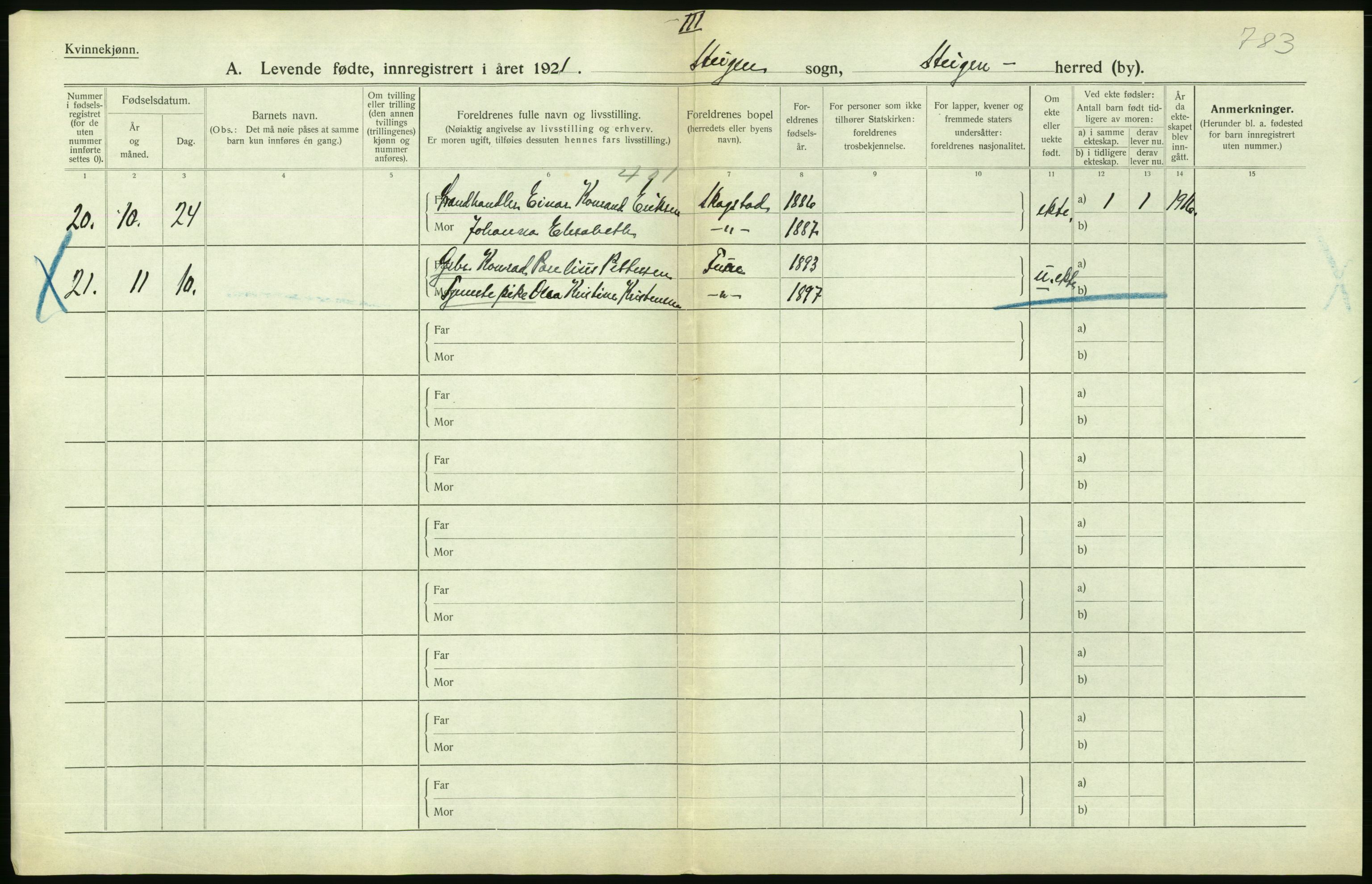 Statistisk sentralbyrå, Sosiodemografiske emner, Befolkning, AV/RA-S-2228/D/Df/Dfc/Dfca/L0049: Nordland fylke: Levendefødte menn og kvinner. Bygder., 1921, p. 248