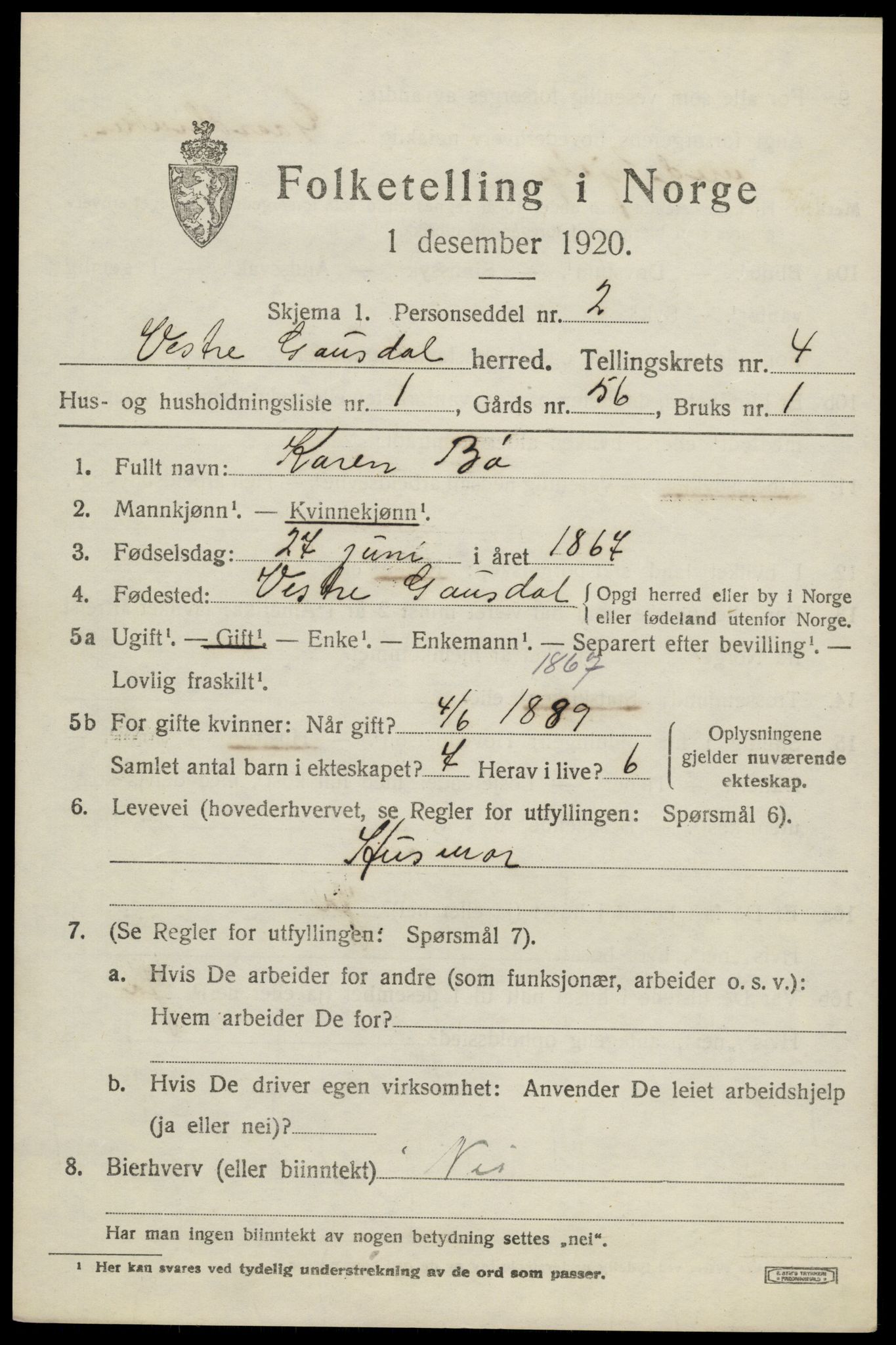 SAH, 1920 census for Vestre Gausdal, 1920, p. 3075