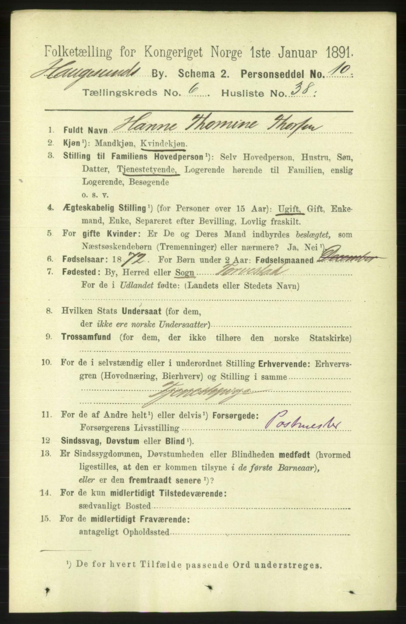 RA, 1891 census for 1106 Haugesund, 1891, p. 3006