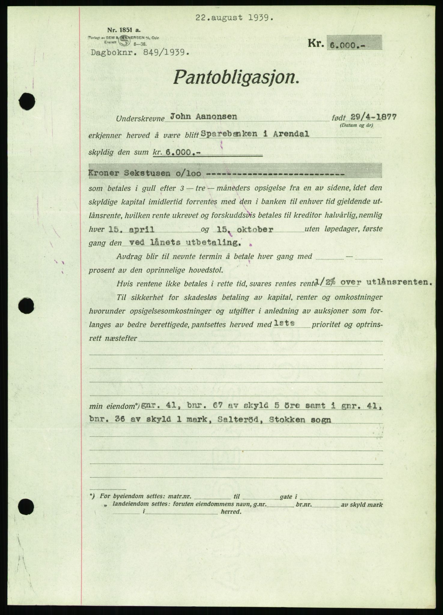 Nedenes sorenskriveri, AV/SAK-1221-0006/G/Gb/Gbb/L0001: Mortgage book no. I, 1939-1942, Diary no: : 849/1939