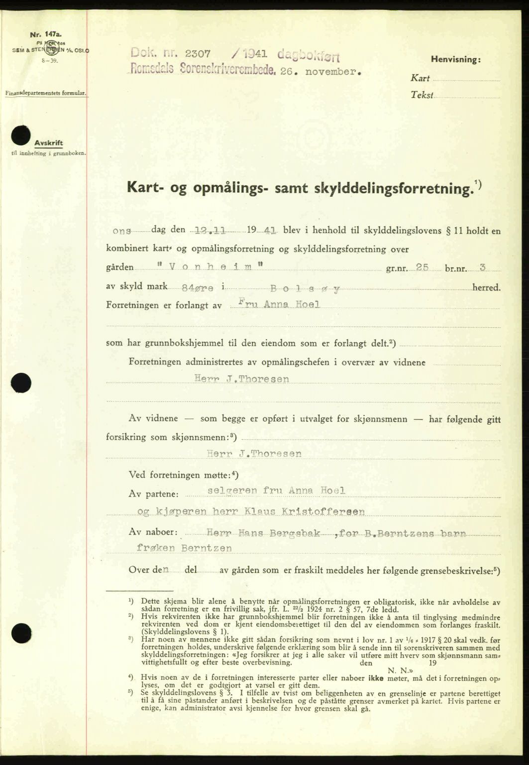 Romsdal sorenskriveri, AV/SAT-A-4149/1/2/2C: Mortgage book no. A11, 1941-1942, Diary no: : 2307/1941