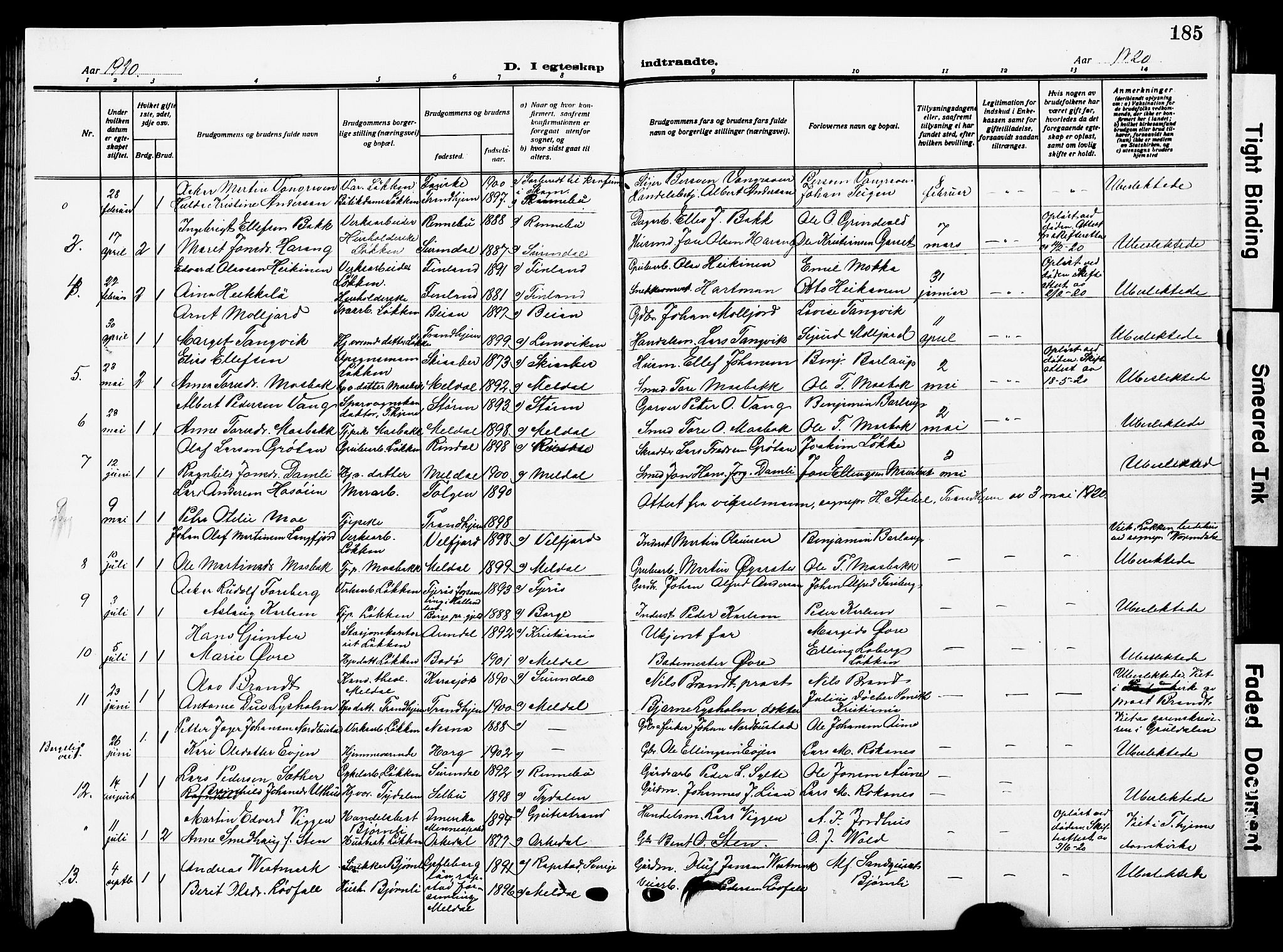 Ministerialprotokoller, klokkerbøker og fødselsregistre - Sør-Trøndelag, AV/SAT-A-1456/672/L0865: Parish register (copy) no. 672C04, 1914-1928, p. 185