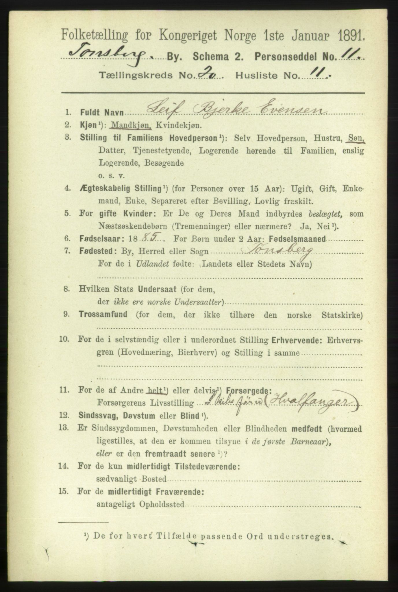 RA, 1891 census for 0705 Tønsberg, 1891, p. 5567