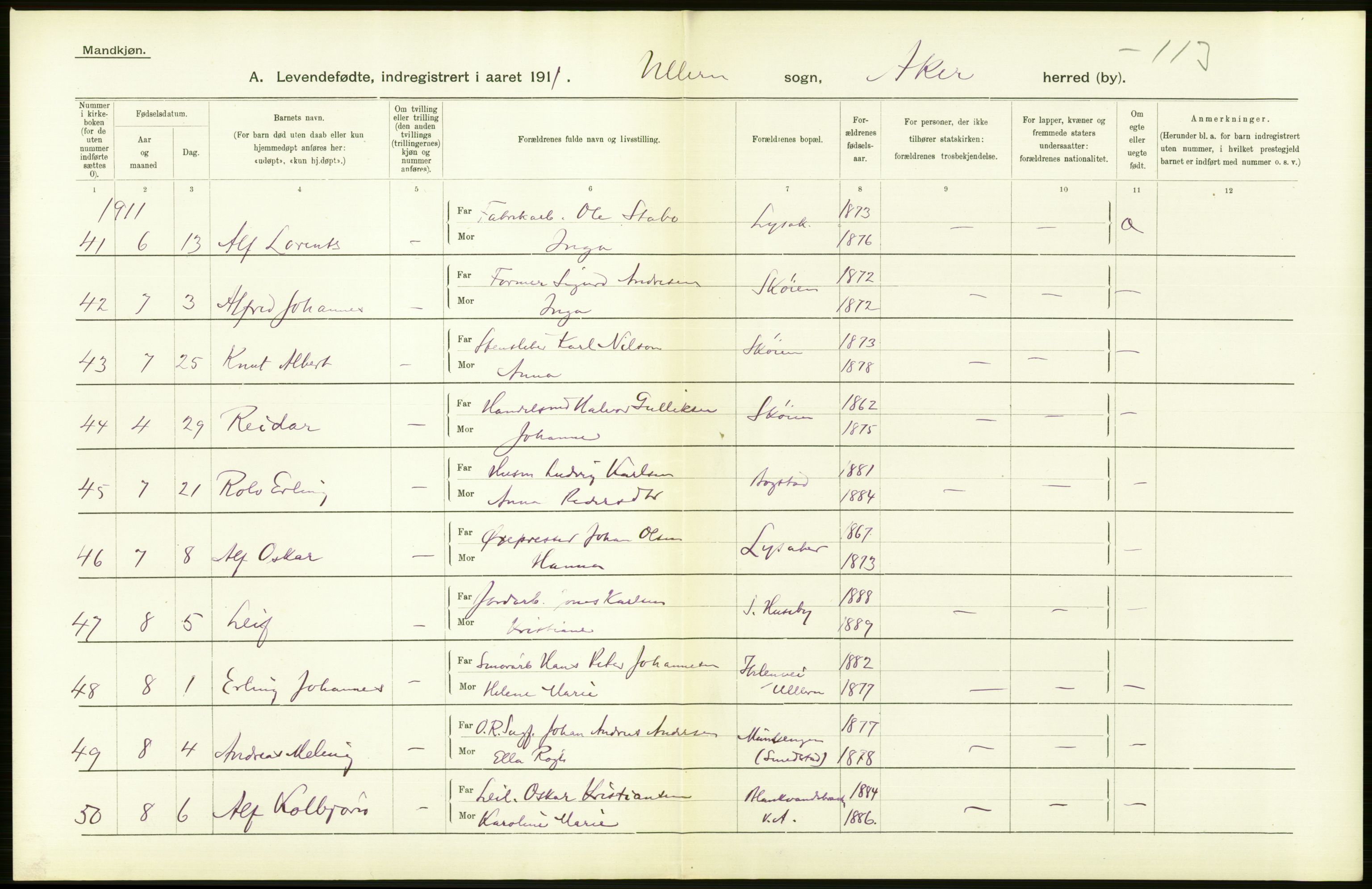 Statistisk sentralbyrå, Sosiodemografiske emner, Befolkning, RA/S-2228/D/Df/Dfb/Dfba/L0004: Akershus amt: Levendefødte menn og kvinner. Bygder og byer., 1911, p. 120