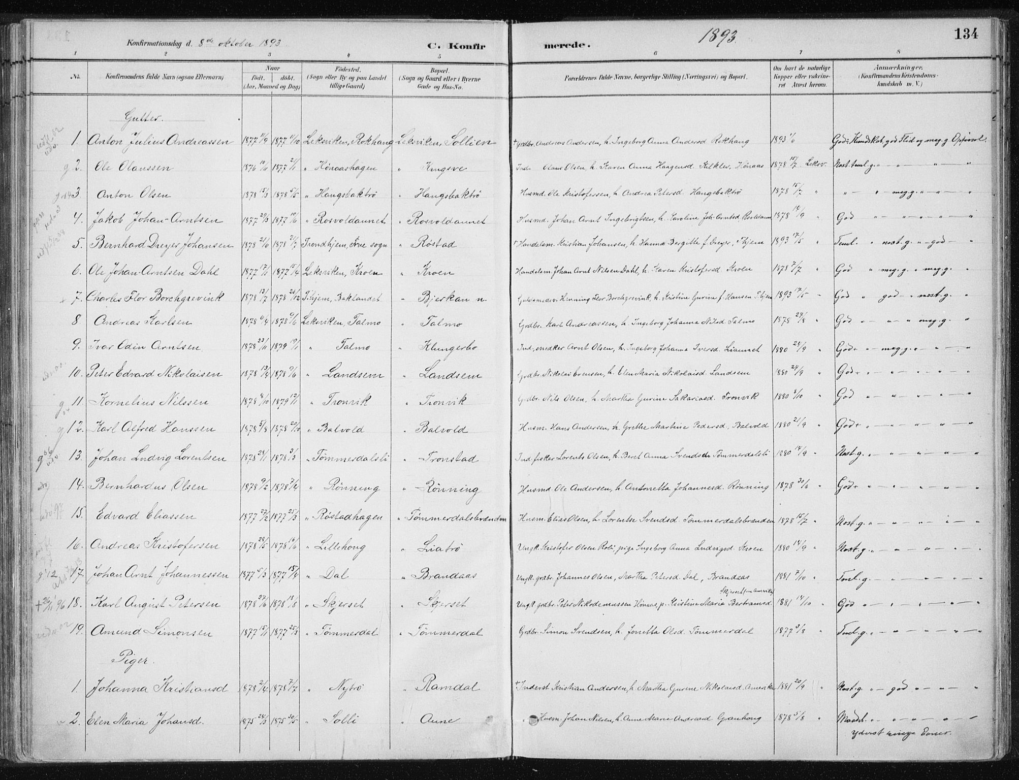 Ministerialprotokoller, klokkerbøker og fødselsregistre - Nord-Trøndelag, SAT/A-1458/701/L0010: Parish register (official) no. 701A10, 1883-1899, p. 134