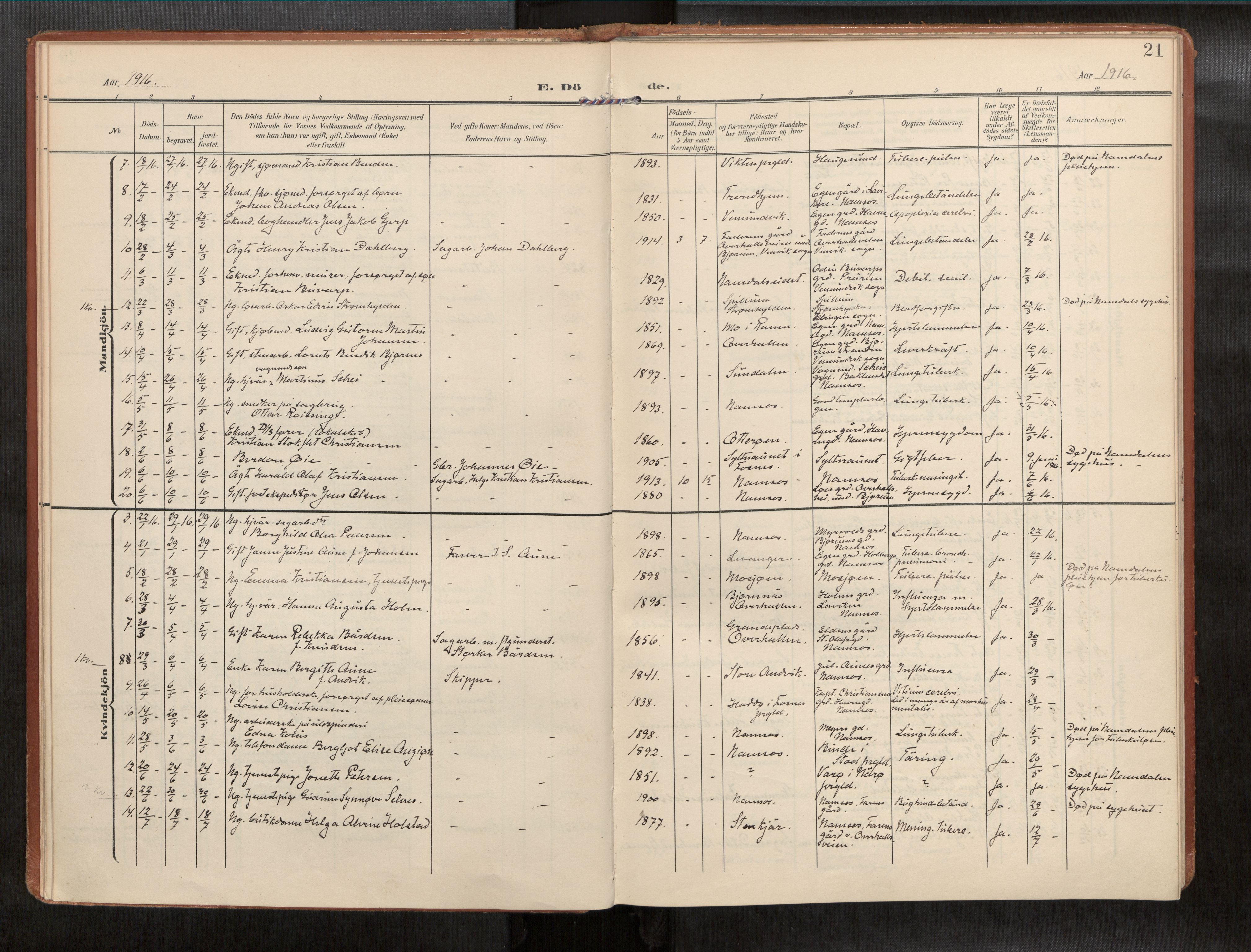 Ministerialprotokoller, klokkerbøker og fødselsregistre - Nord-Trøndelag, AV/SAT-A-1458/768/L0579b: Parish register (official) no. 768A15, 1908-1945, p. 21