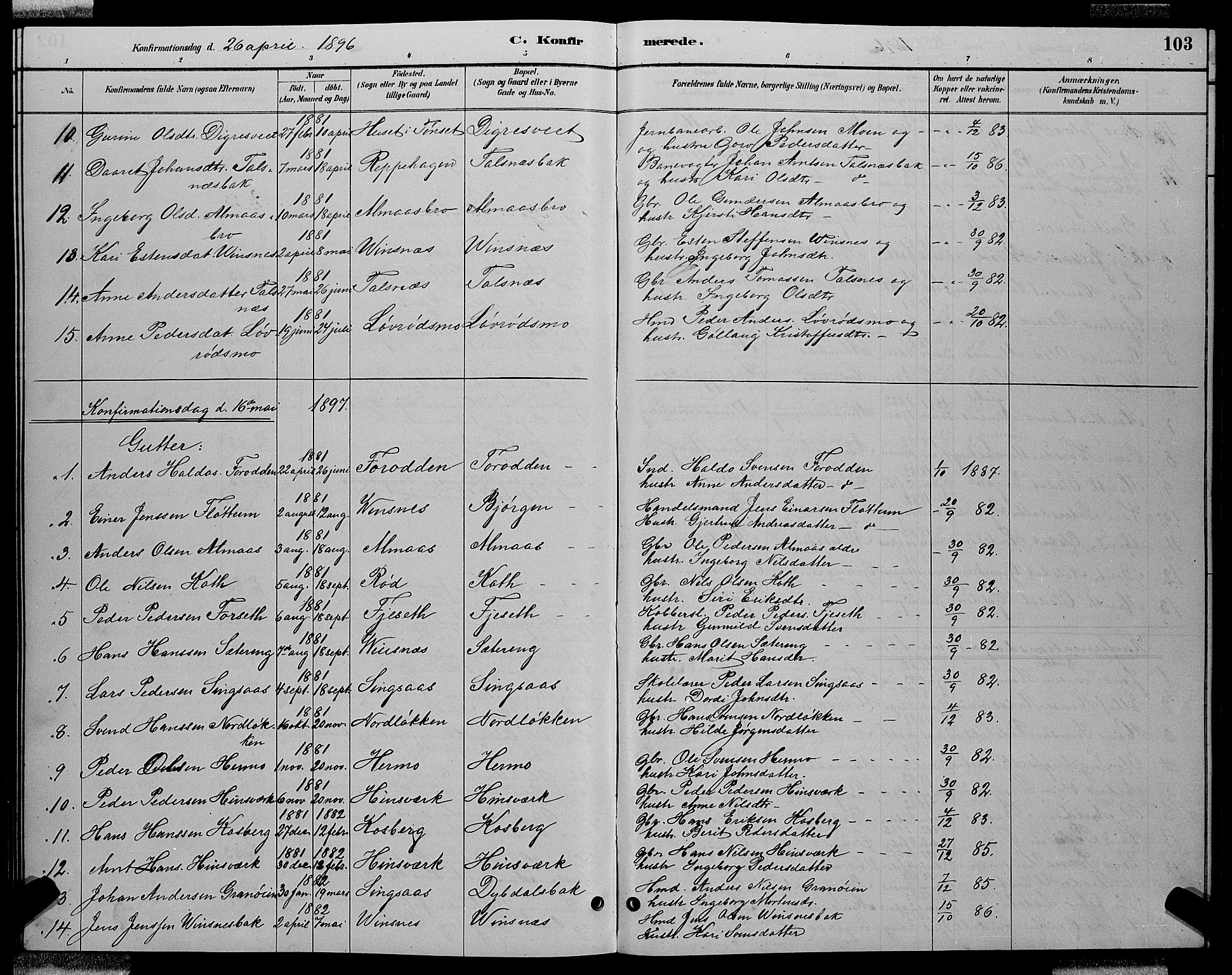 Ministerialprotokoller, klokkerbøker og fødselsregistre - Sør-Trøndelag, SAT/A-1456/688/L1028: Parish register (copy) no. 688C03, 1889-1899, p. 103