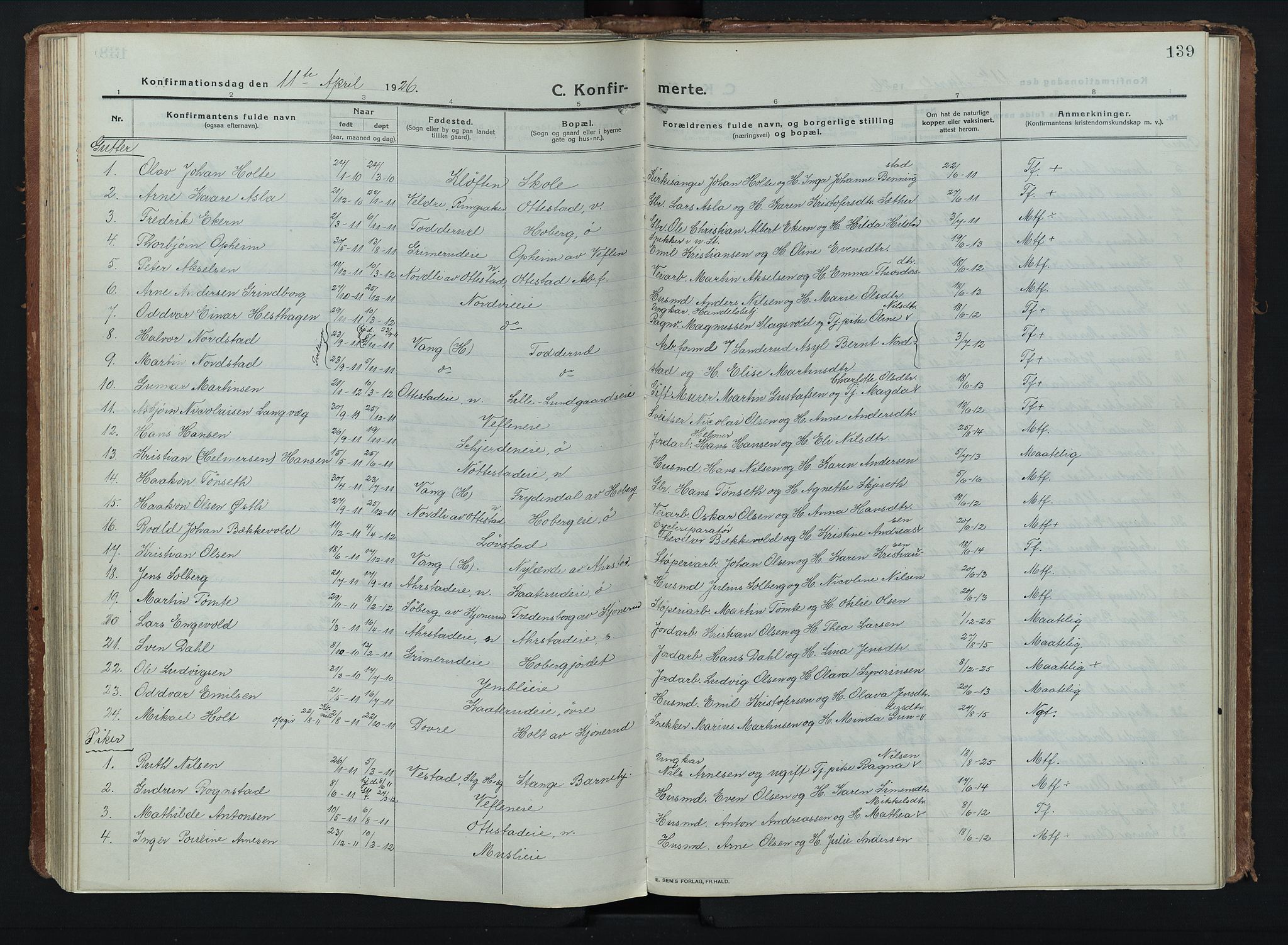 Stange prestekontor, SAH/PREST-002/K/L0028: Parish register (official) no. 28, 1913-1932, p. 139