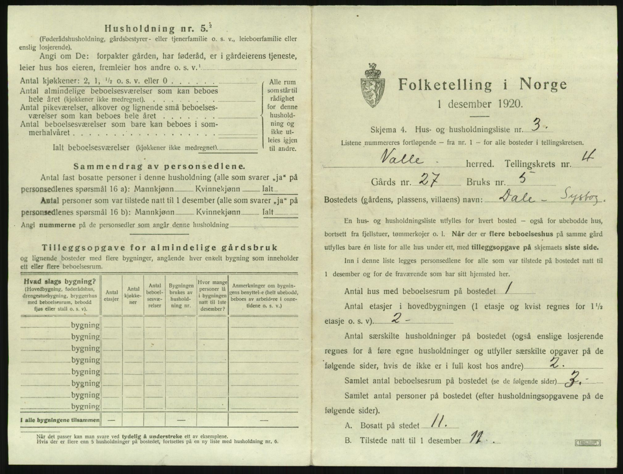 SAK, 1920 census for Valle, 1920, p. 325